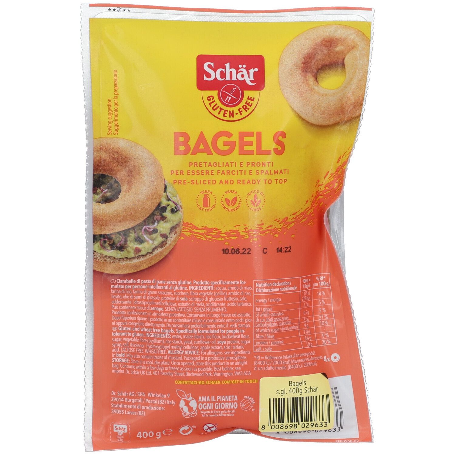 Confezione di bagel Schär senza glutine. Bagel farciti. Scritta: BAGELS, pre-sliced and ready to top. 400g.
