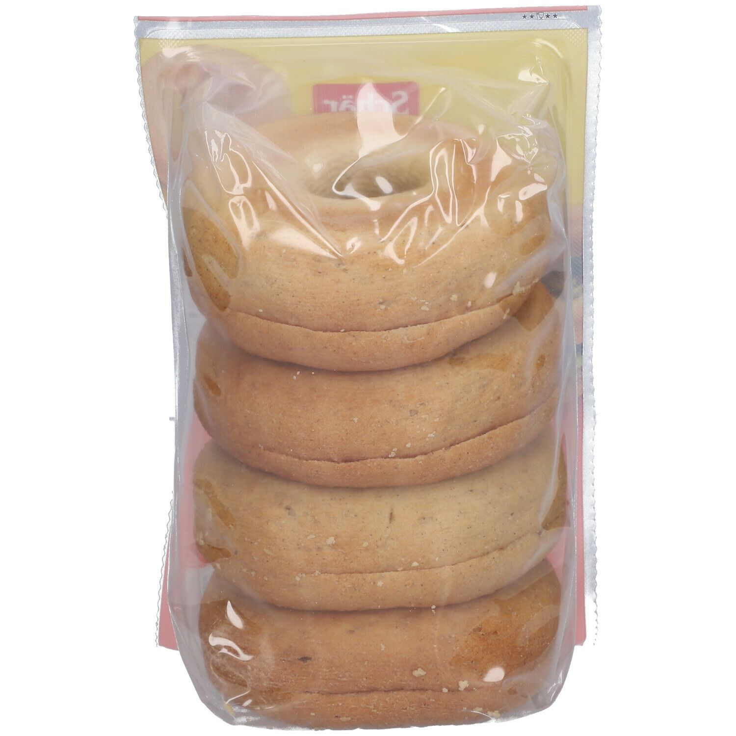 Confezione trasparente con 4 bagel Schär. Senza glutine. Bagel impilati. Visibile: bagel.