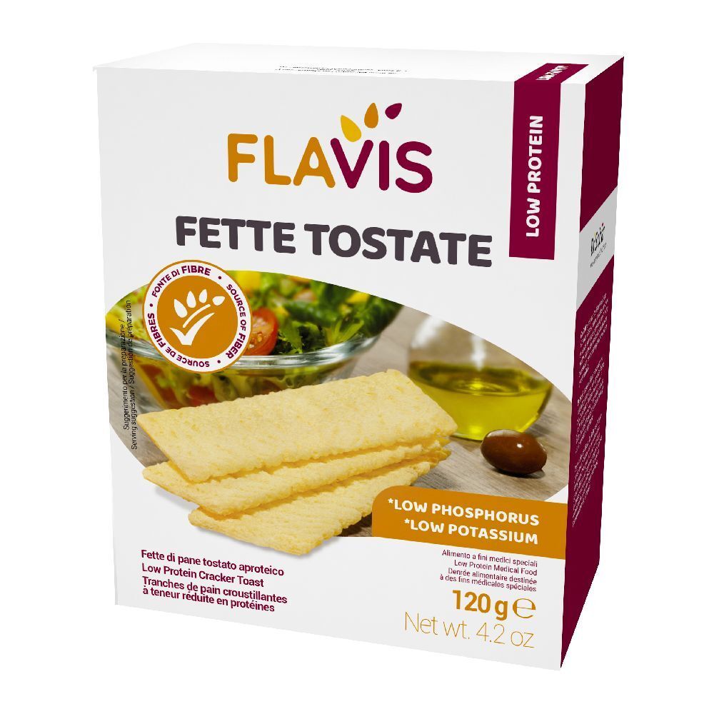 Confezione FLAVIS Fette Tostate. Cracker e insalata visibili. Testo: Low Protein. Fonte di fibre.
