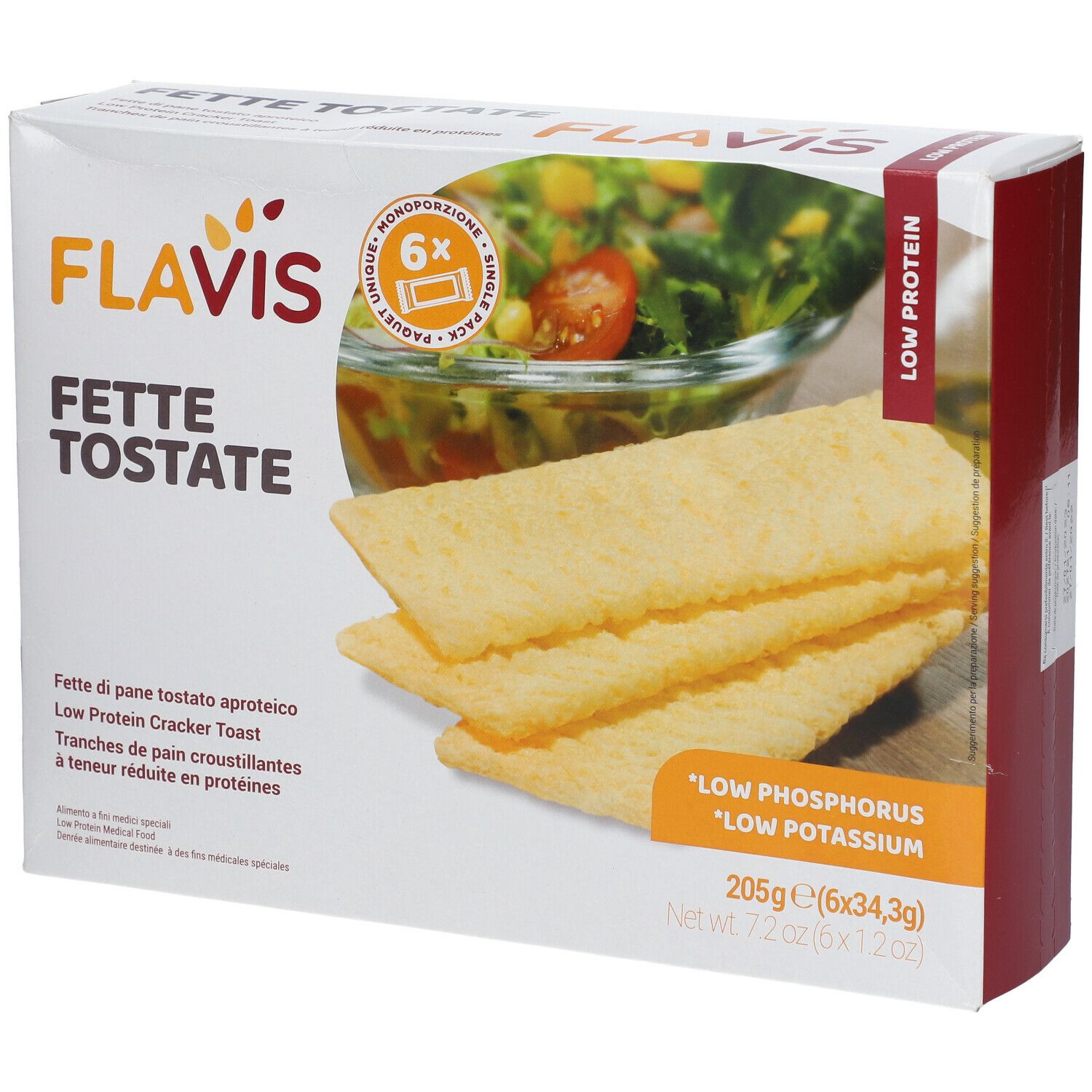 Confezione FLAVIS Fette Tostate. 6 monoporzioni. Scritte: Low Protein, Low Phosphorus, Low Potassium.