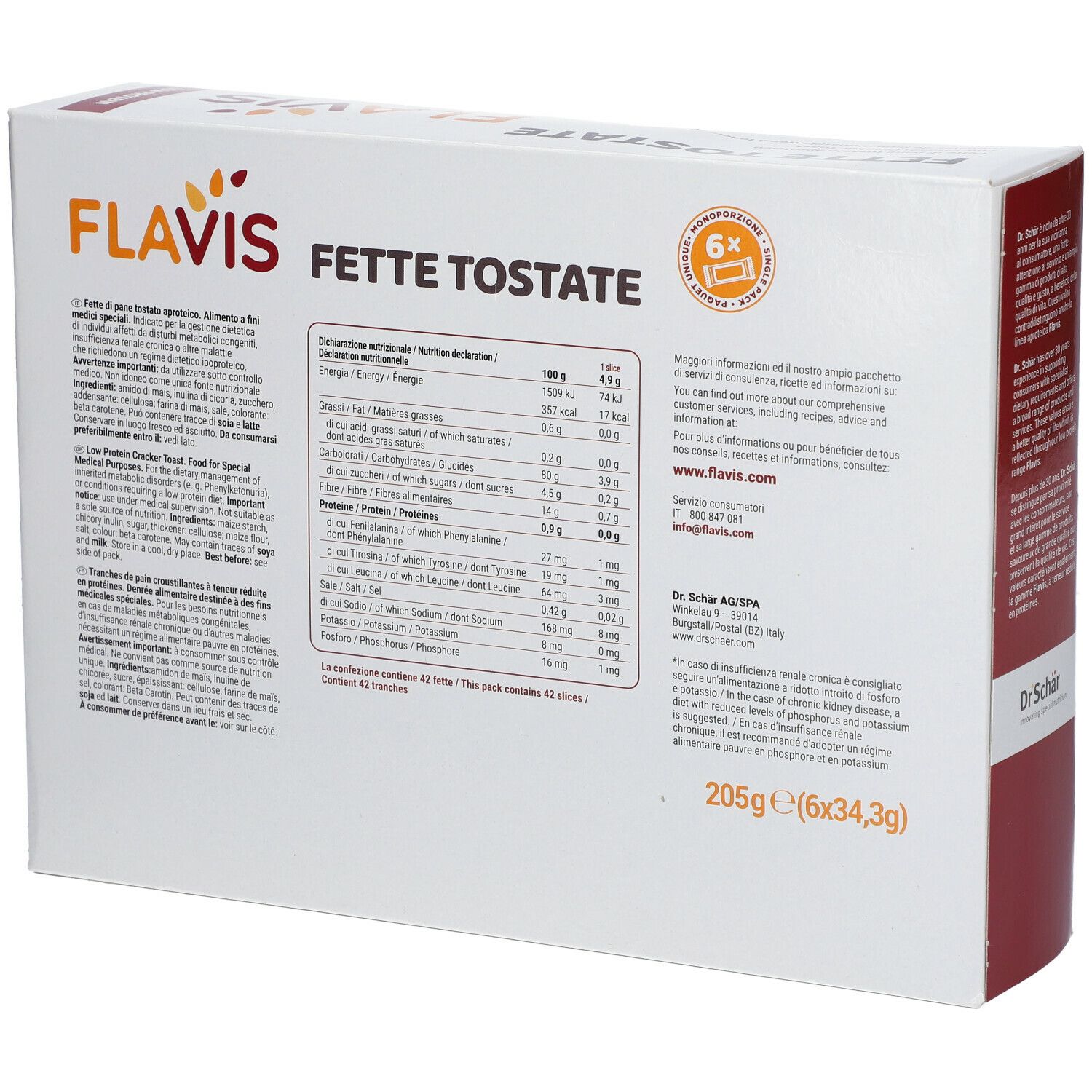 Confezione FLAVIS Fette Tostate. 6 monoporzioni. Scritte: Low Protein, Low Phosphorus, Low Potassium.