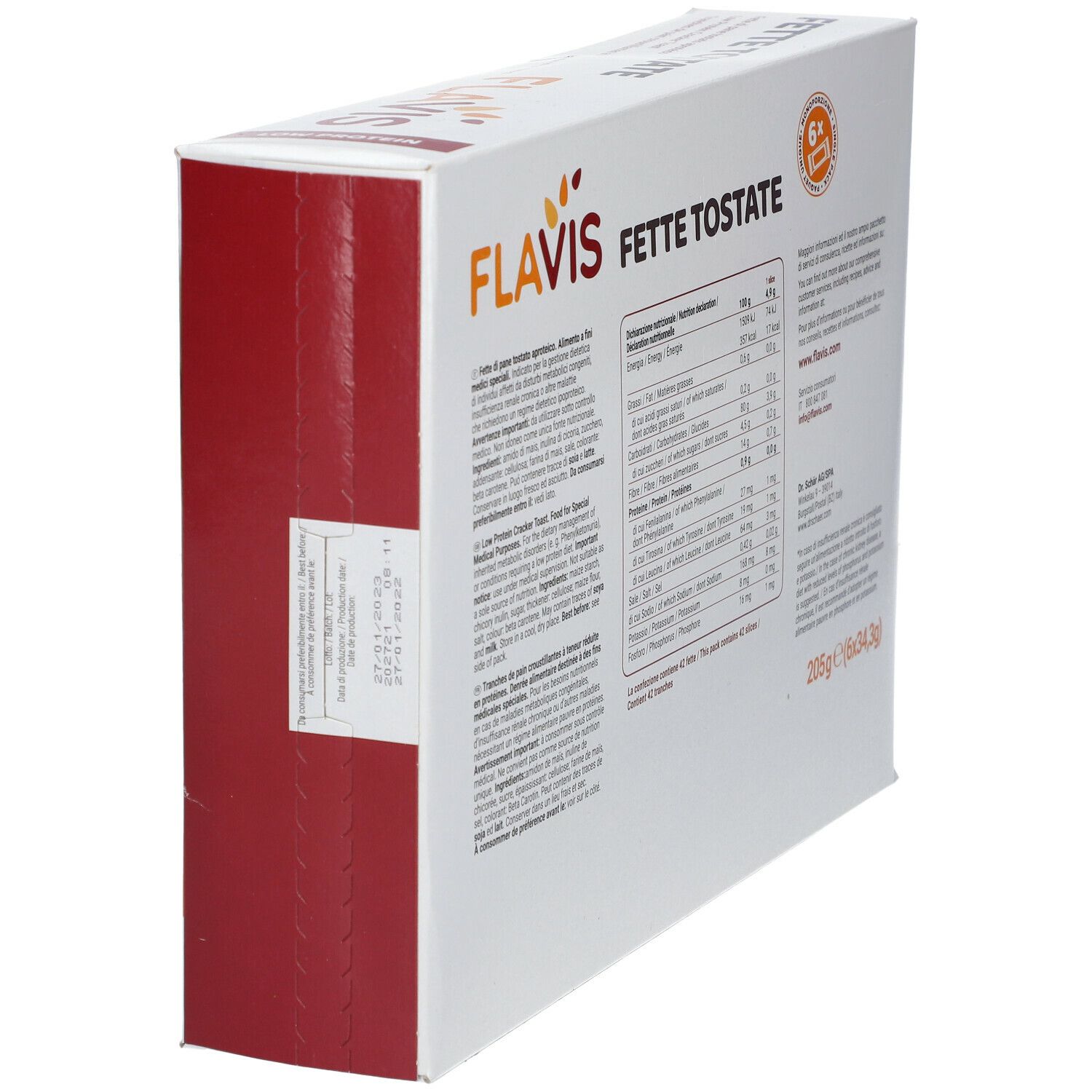 Confezione FLAVIS Fette Tostate. 6 monoporzioni. Scritte: Low Protein, Low Phosphorus, Low Potassium.