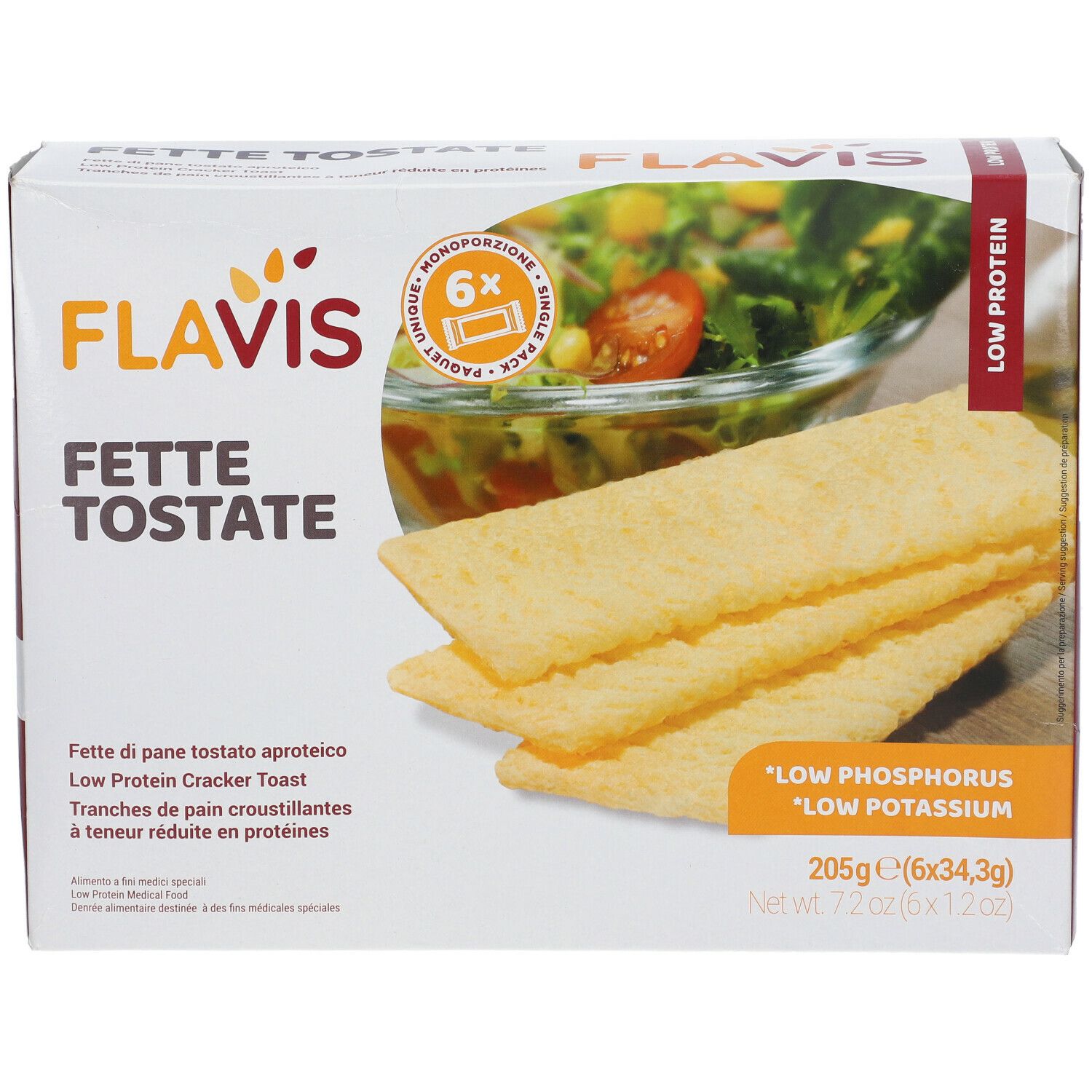 Confezione FLAVIS Fette Tostate. 6 monoporzioni. Scritte: Low Protein, Low Phosphorus, Low Potassium.