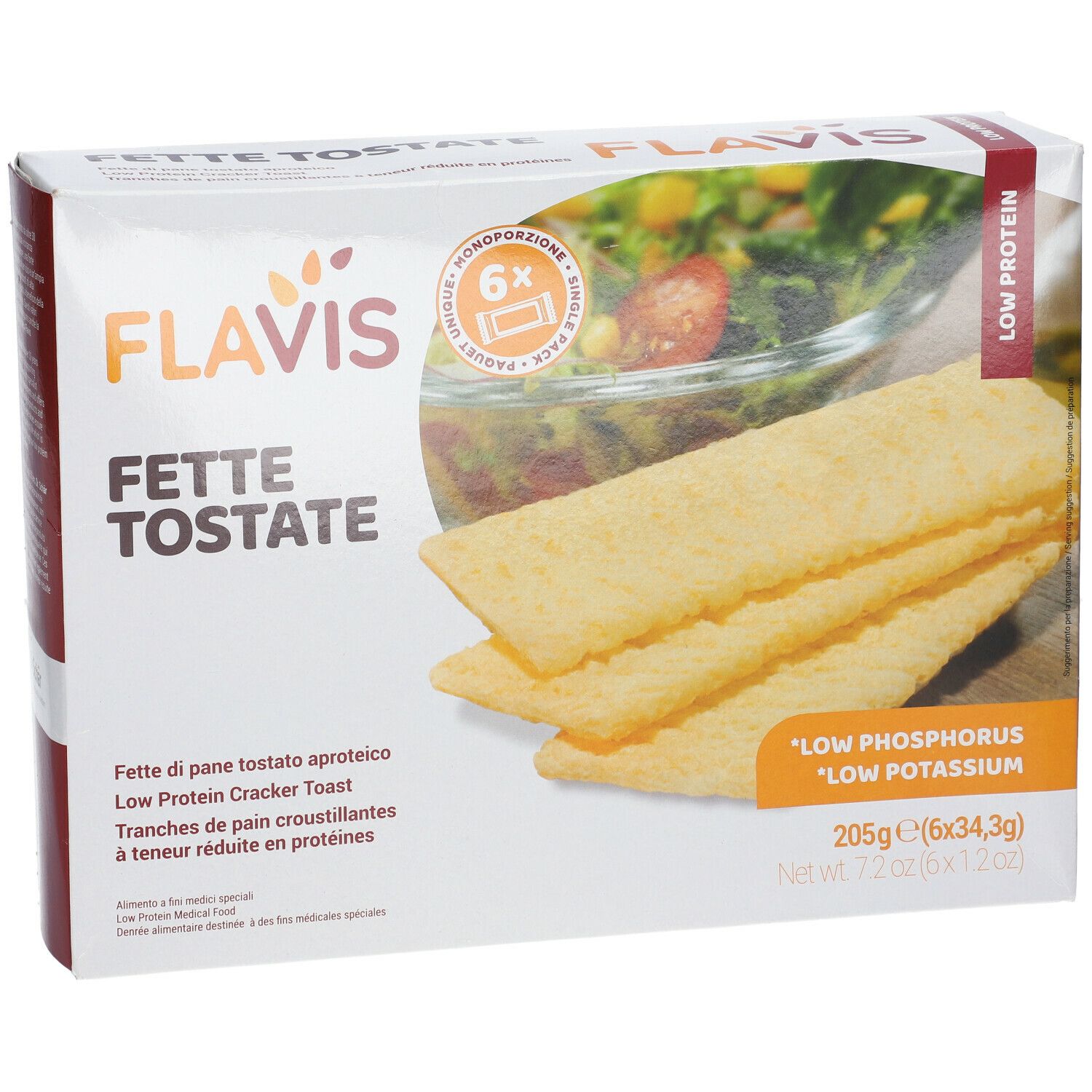 Confezione FLAVIS Fette Tostate. 6 monoporzioni. Scritte: Low Protein, Low Phosphorus, Low Potassium.