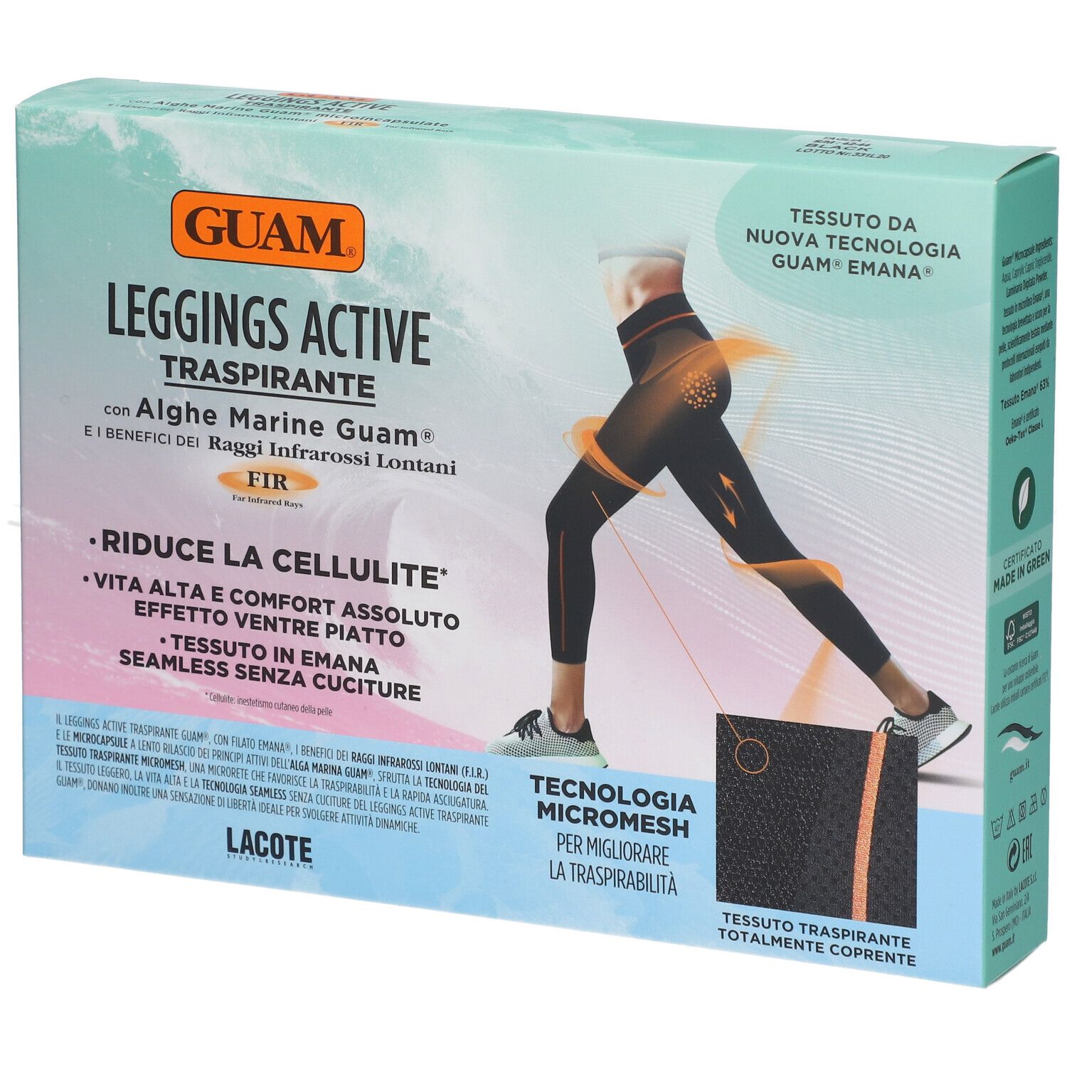 Confezione GUAM Leggings Active Traspirante. Illustrazione leggings neri. Testo: Riduce la cellulite. Tecnologia Micromesh.