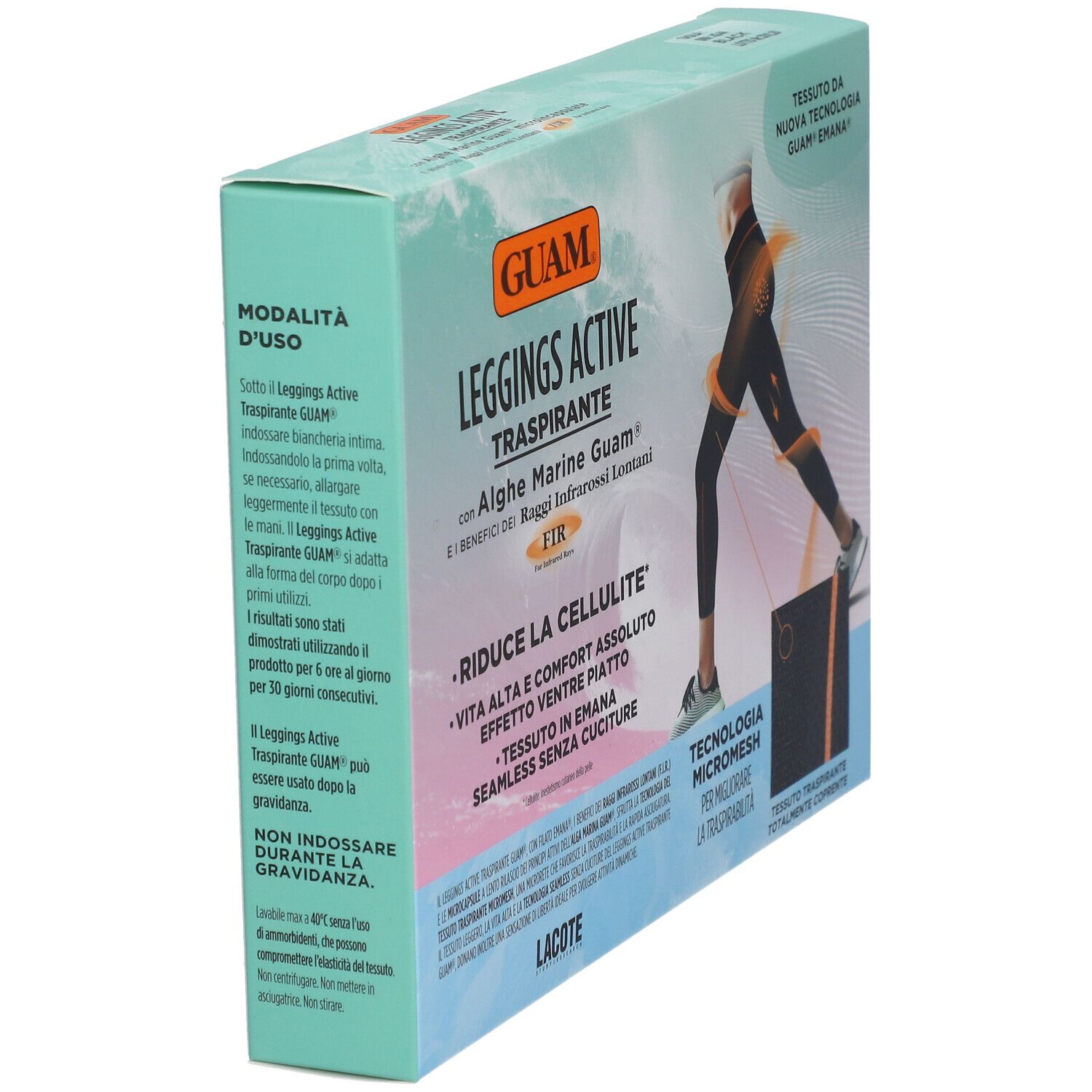 Confezione GUAM Leggings Active Traspirante. Illustrazione leggings neri. Testo: Riduce la cellulite. Modalità d'uso.