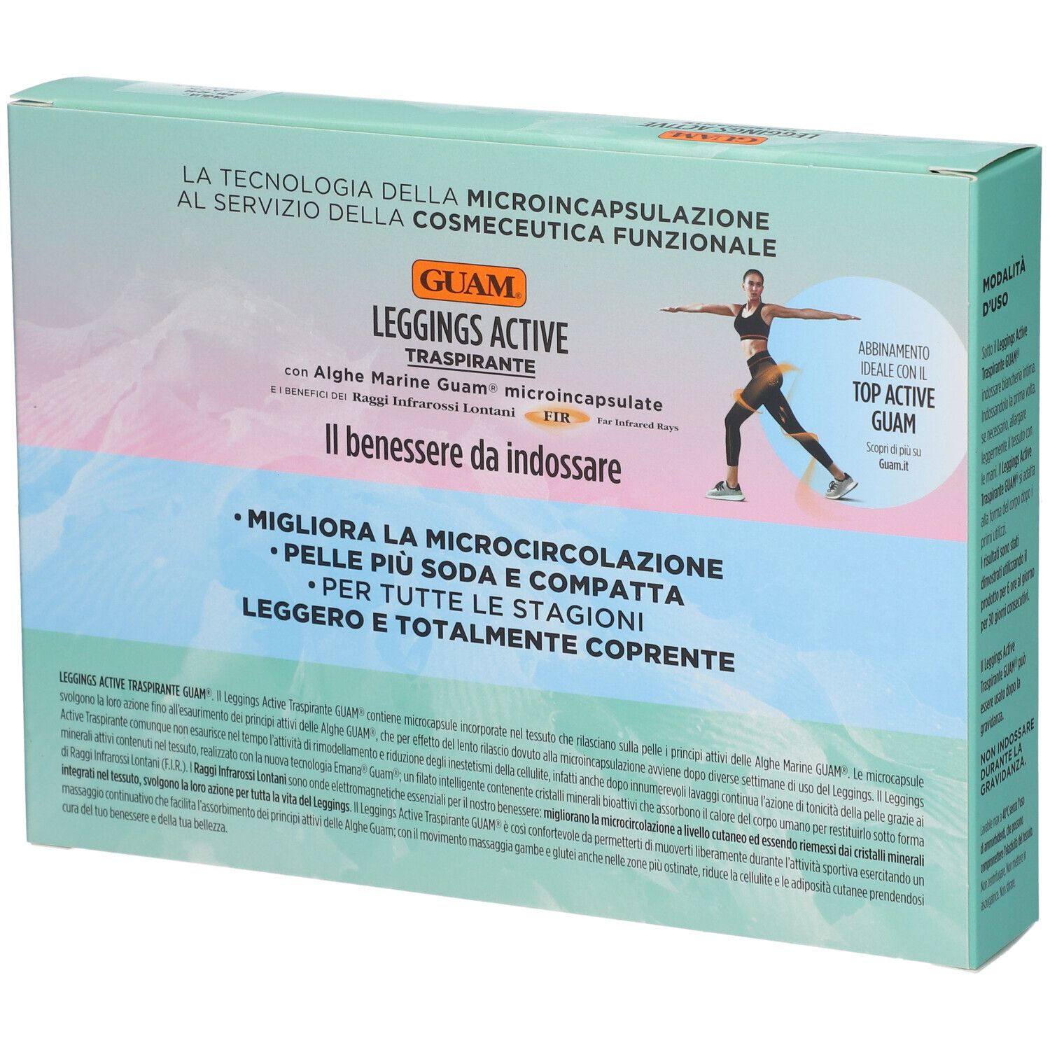 Confezione GUAM Leggings Active Traspirante. Retro con informazioni prodotto. Testo: Migliora la microcircolazione.