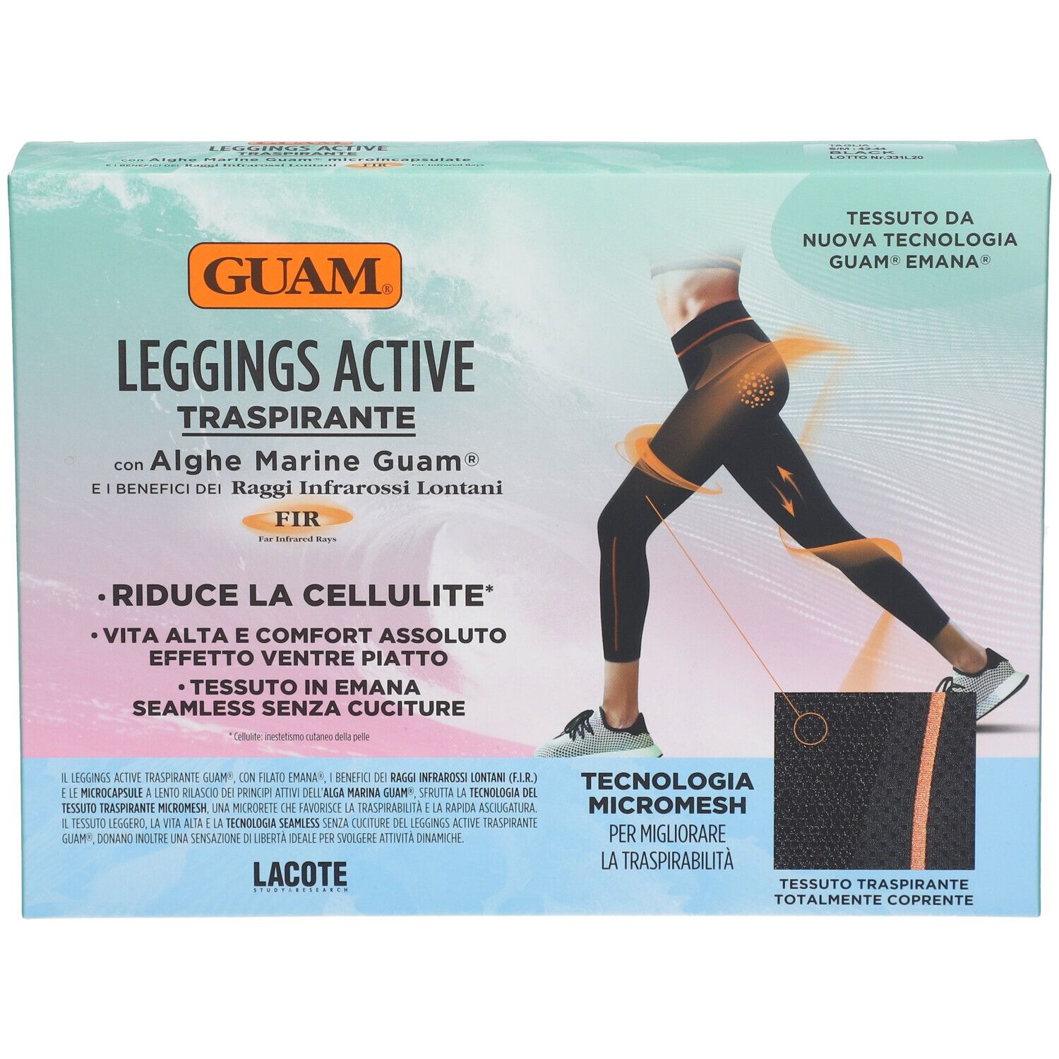 Confezione GUAM Leggings Active Traspirante. Illustrazione leggings neri. Testo: Riduce la cellulite. Tecnologia Micromesh.