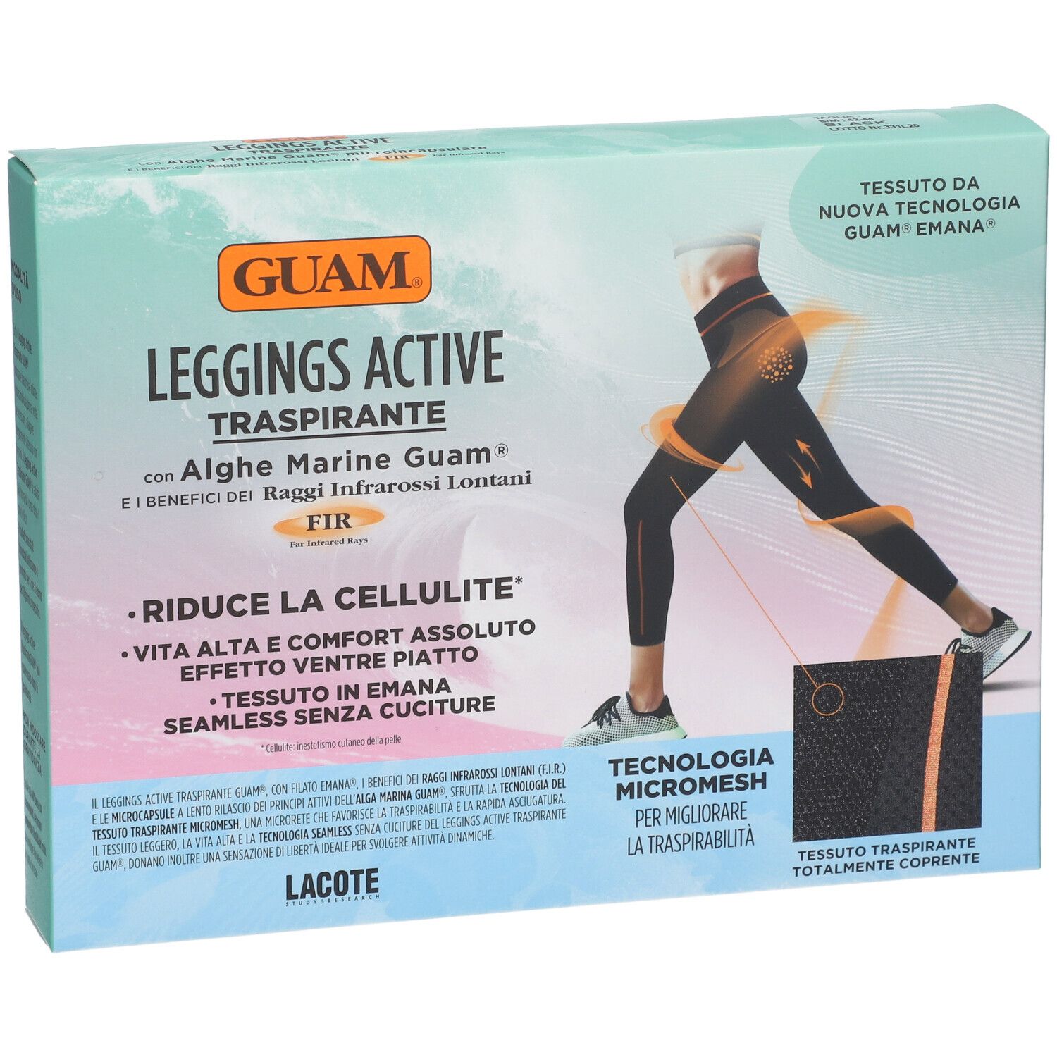 Confezione GUAM Leggings Active Traspirante. Illustrazione leggings neri. Testo: Riduce la cellulite. Tecnologia Micromesh.