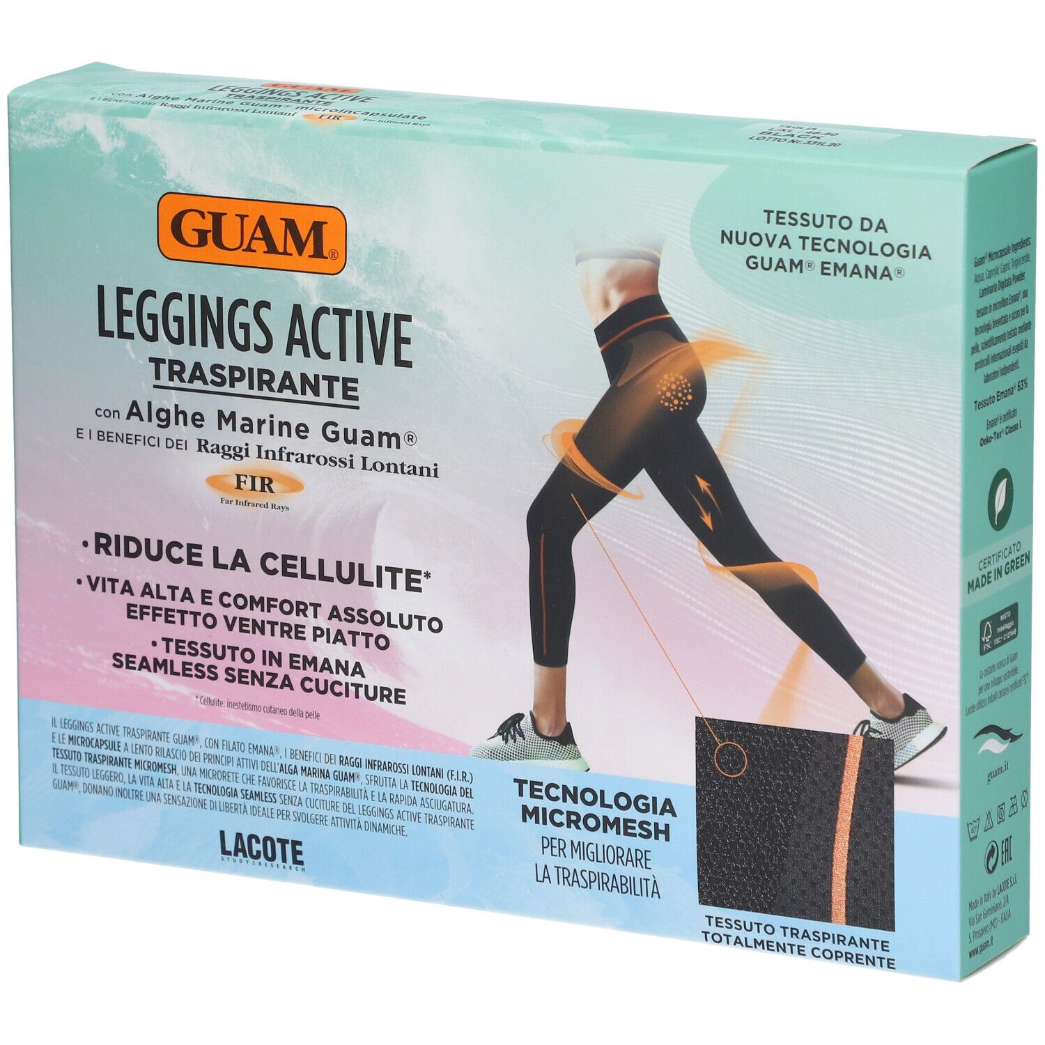 Confezione di leggings GUAM Leggings Active Traspirante. Immagine di persona con leggings neri. Scritte in italiano.