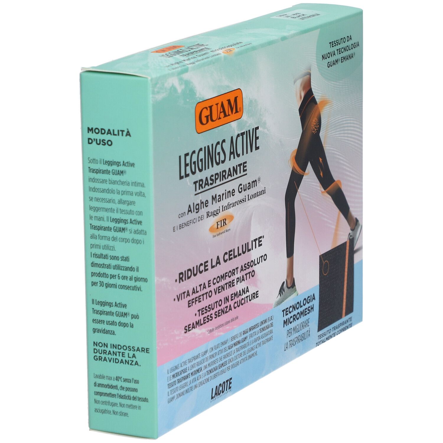 Confezione di leggings GUAM Leggings Active Traspirante. Vista laterale. Testo in italiano.