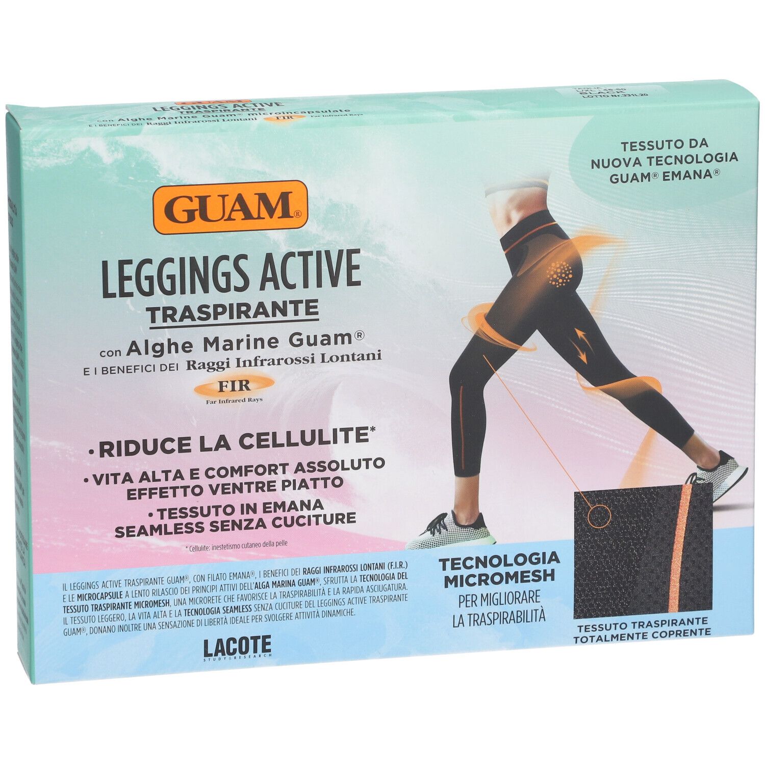Confezione di leggings GUAM Leggings Active Traspirante. Immagine di persona con leggings neri. Scritte in italiano.