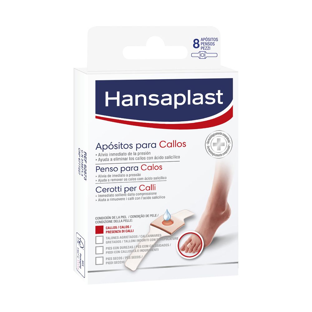 Confezione di cerotti Hansaplast per calli. Contiene 8 pezzi. Scritte in più lingue.