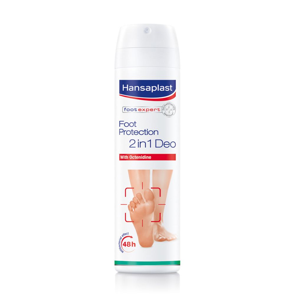 Spray bianco Hansaplast. Testo: Foot Protection 2in1 Deo. Immagine di piedi. Protezione 48h.
