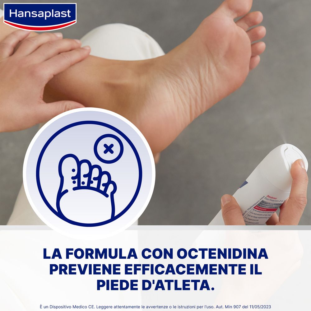 Piede e spray. Testo: Formula con octenidina previene il piede d'atleta. Icona: piede con croce.