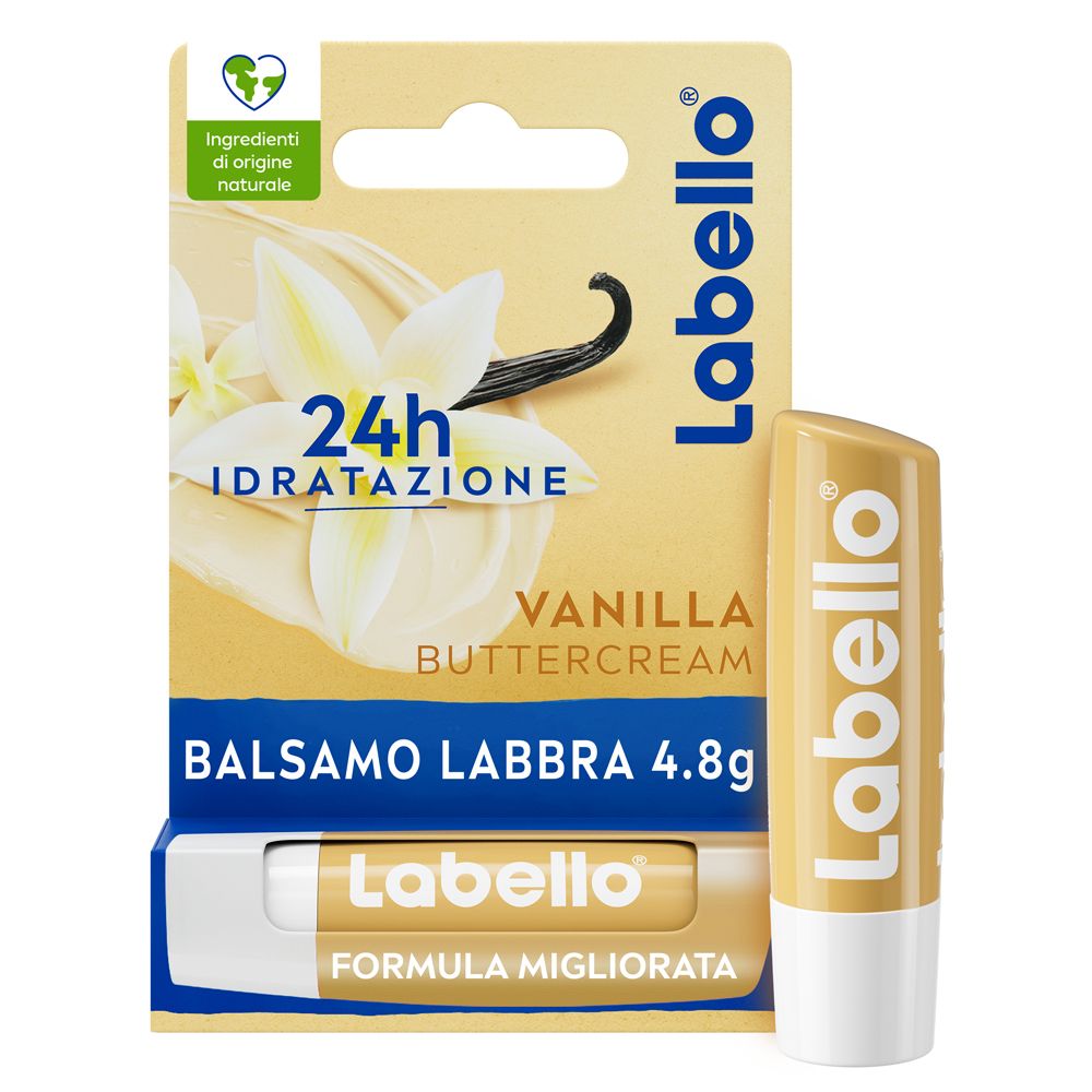 Balsamo labbra Labello Vanilla Buttercream 4,8g. Confezione e prodotto. Ingredienti naturali.