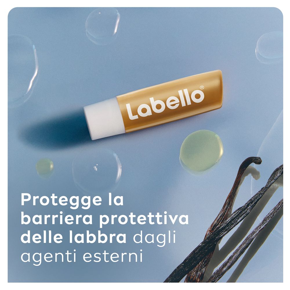 Balsamo labbra Labello e baccelli di vaniglia. Testo: Protegge le labbra dagli agenti esterni.