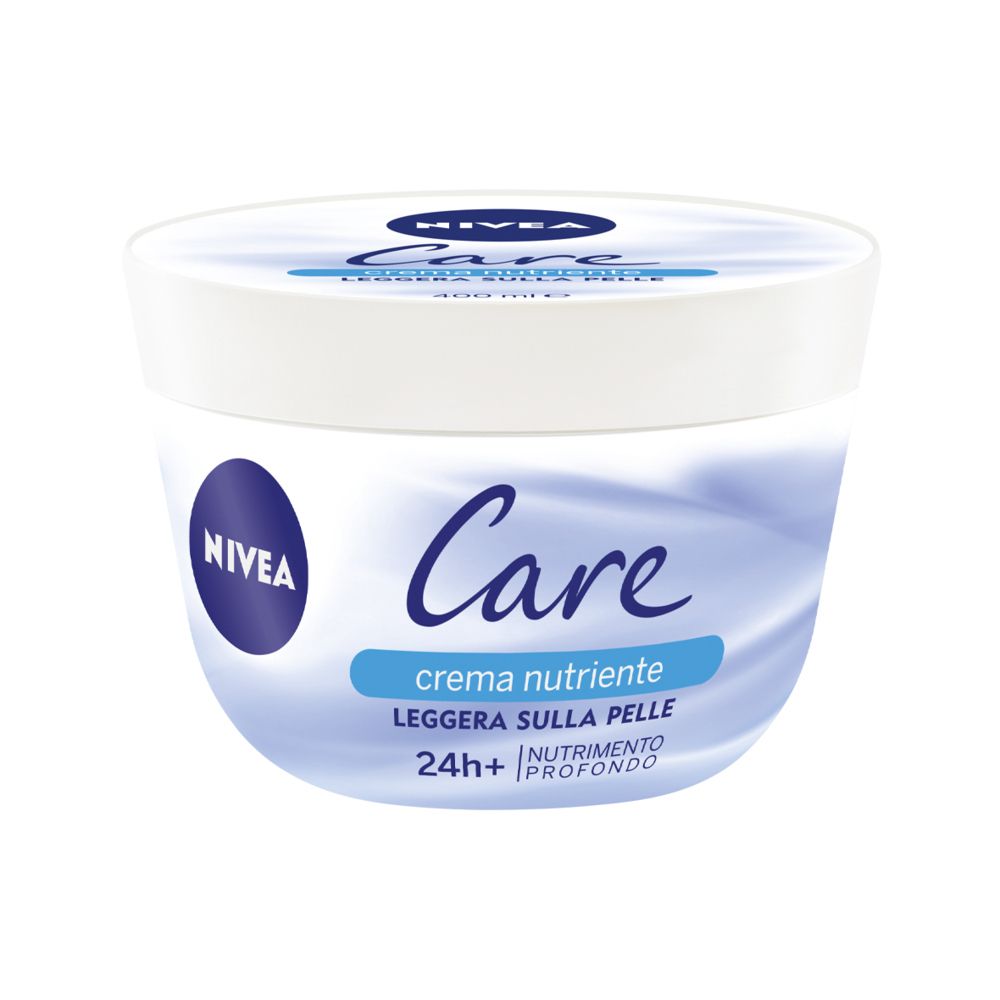 Vaso bianco di crema Nivea Care. Scritta: Care, crema nutriente, leggera sulla pelle, 24h+ nutrimento profondo.