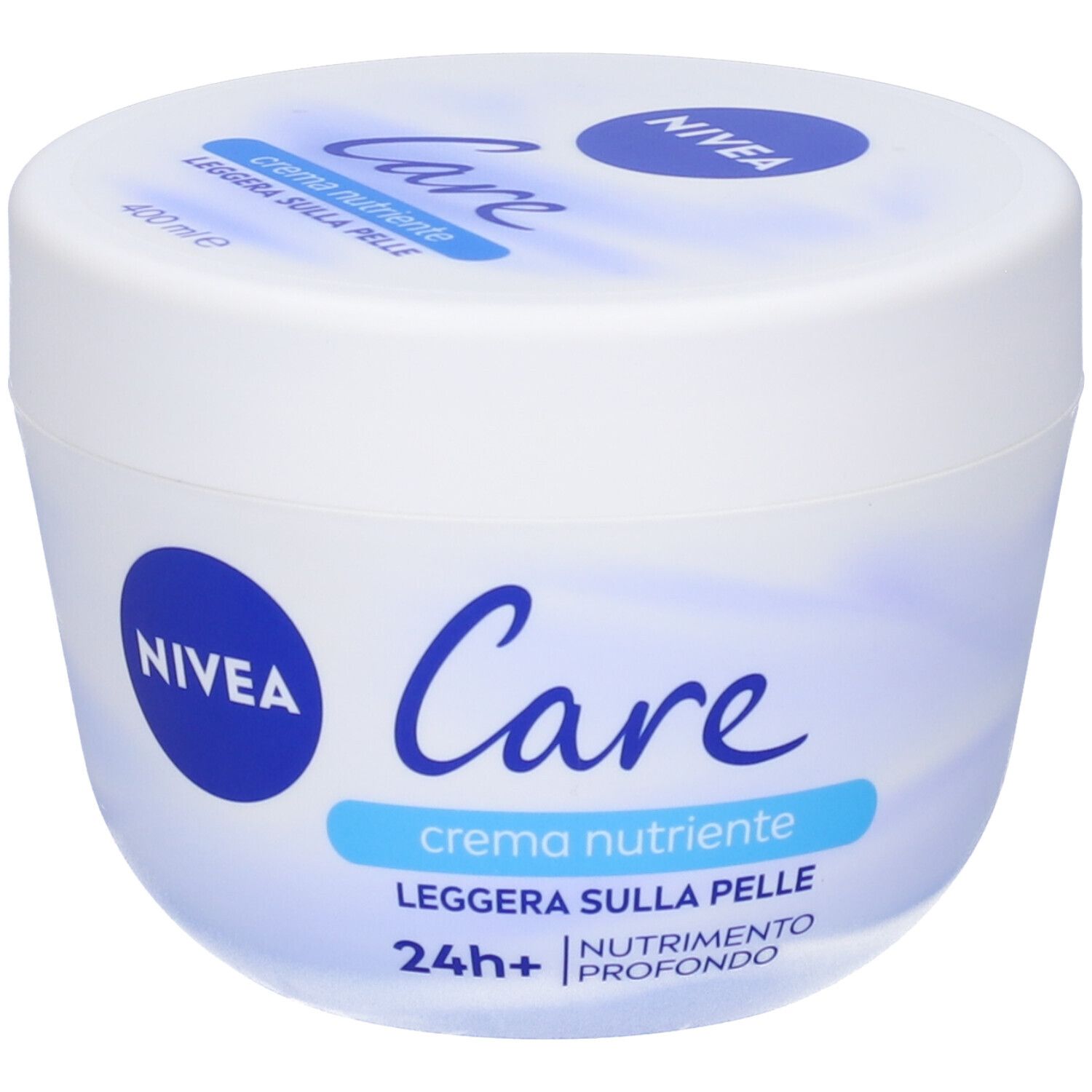 Vaso bianco di crema Nivea Care. Scritta: Care, crema nutriente, leggera sulla pelle, 24h+ nutrimento profondo.