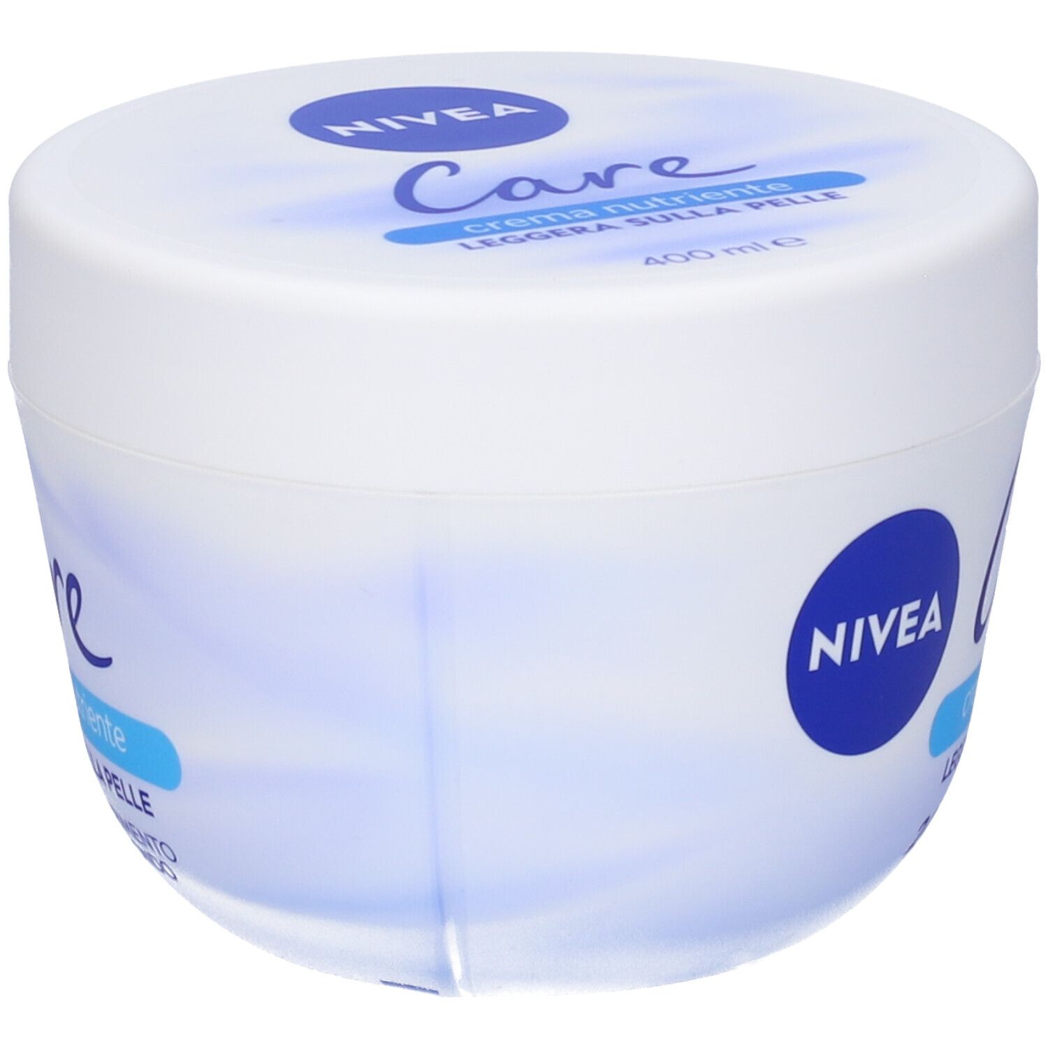Vaso bianco di crema Nivea Care. Scritta: Care, crema nutriente, leggera sulla pelle, 24h+ nutrimento profondo.