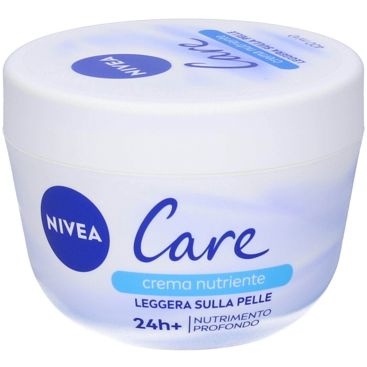 Vaso bianco di crema Nivea Care. Scritta: Care, crema nutriente, leggera sulla pelle, 24h+ nutrimento profondo.