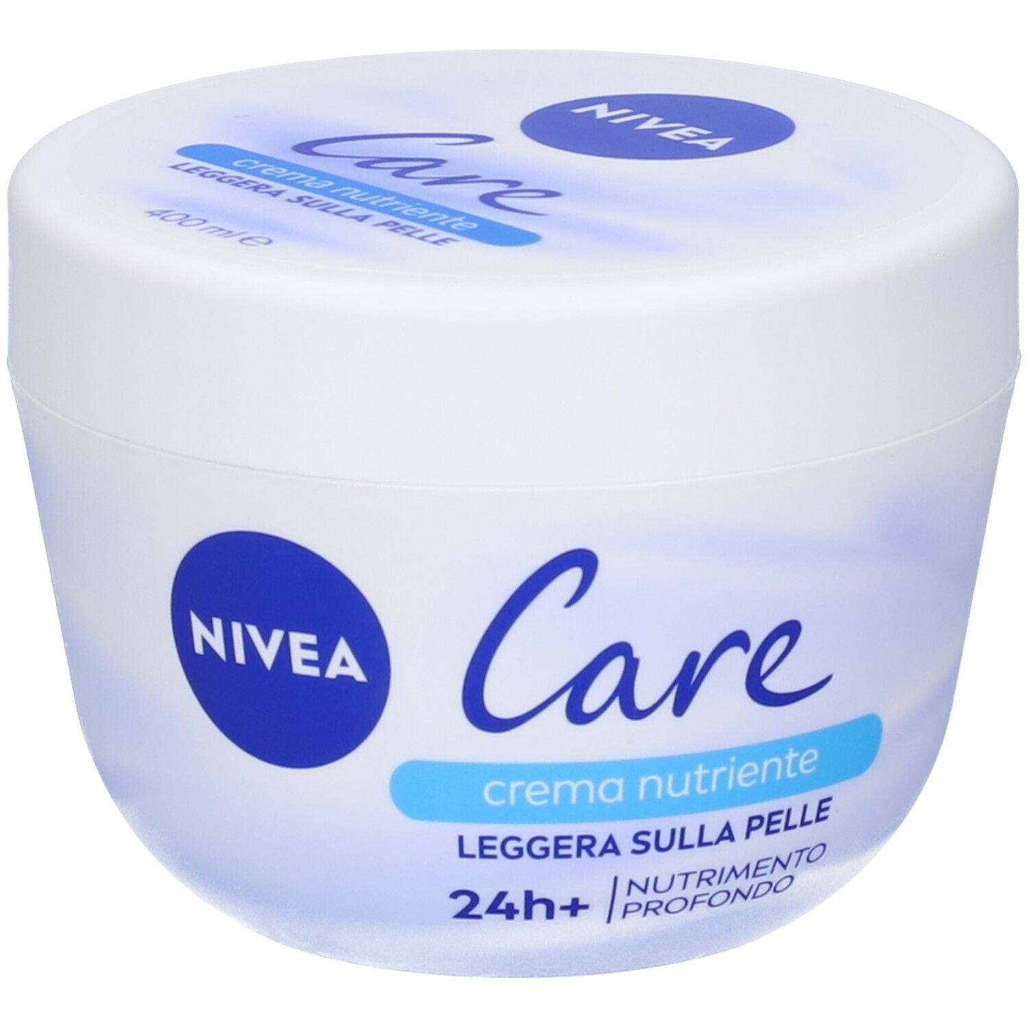 Vaso bianco di crema Nivea Care. Scritta: Care, crema nutriente, leggera sulla pelle, 24h+ nutrimento profondo.