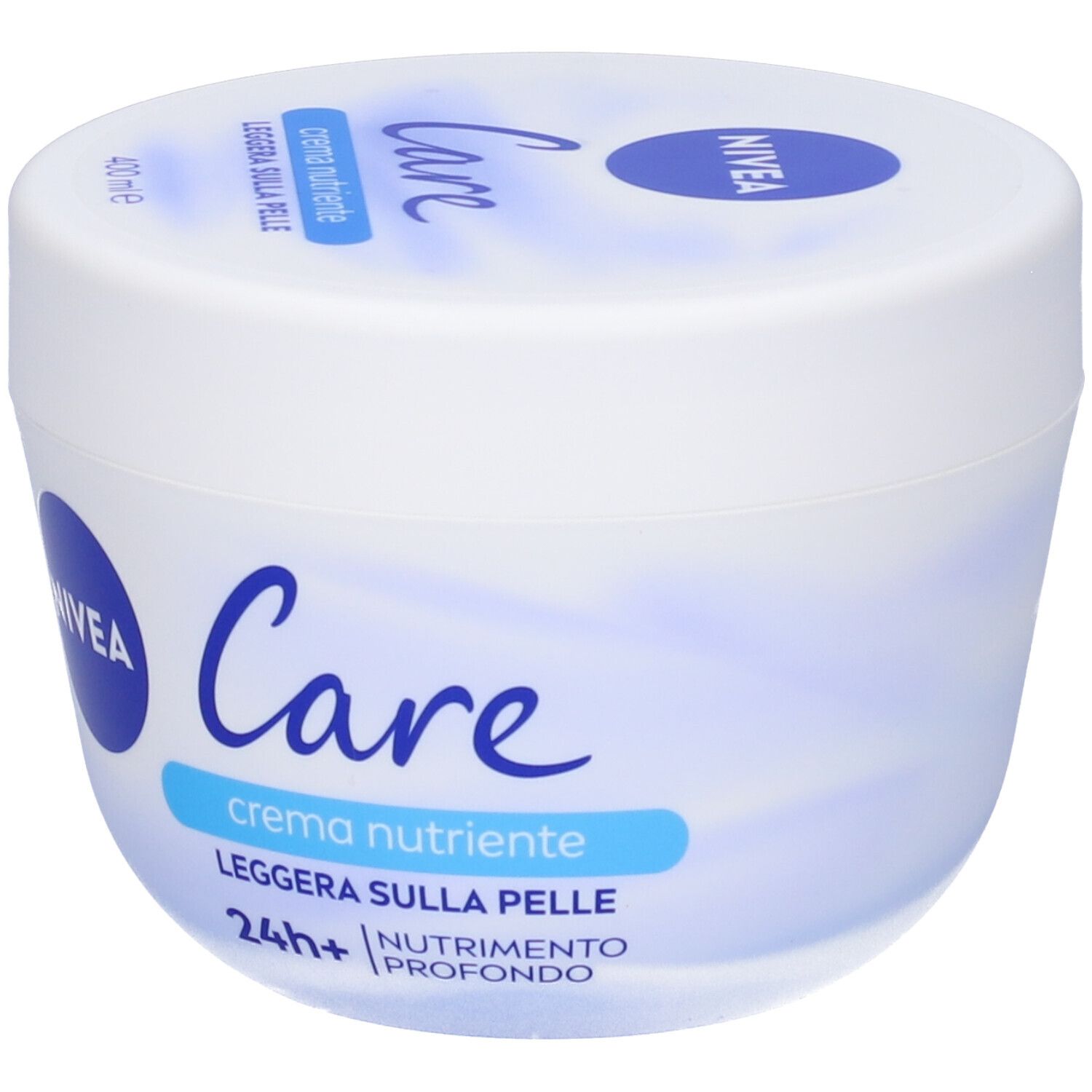 Vaso bianco di crema Nivea Care. Scritta: Care, crema nutriente, leggera sulla pelle, 24h+ nutrimento profondo.