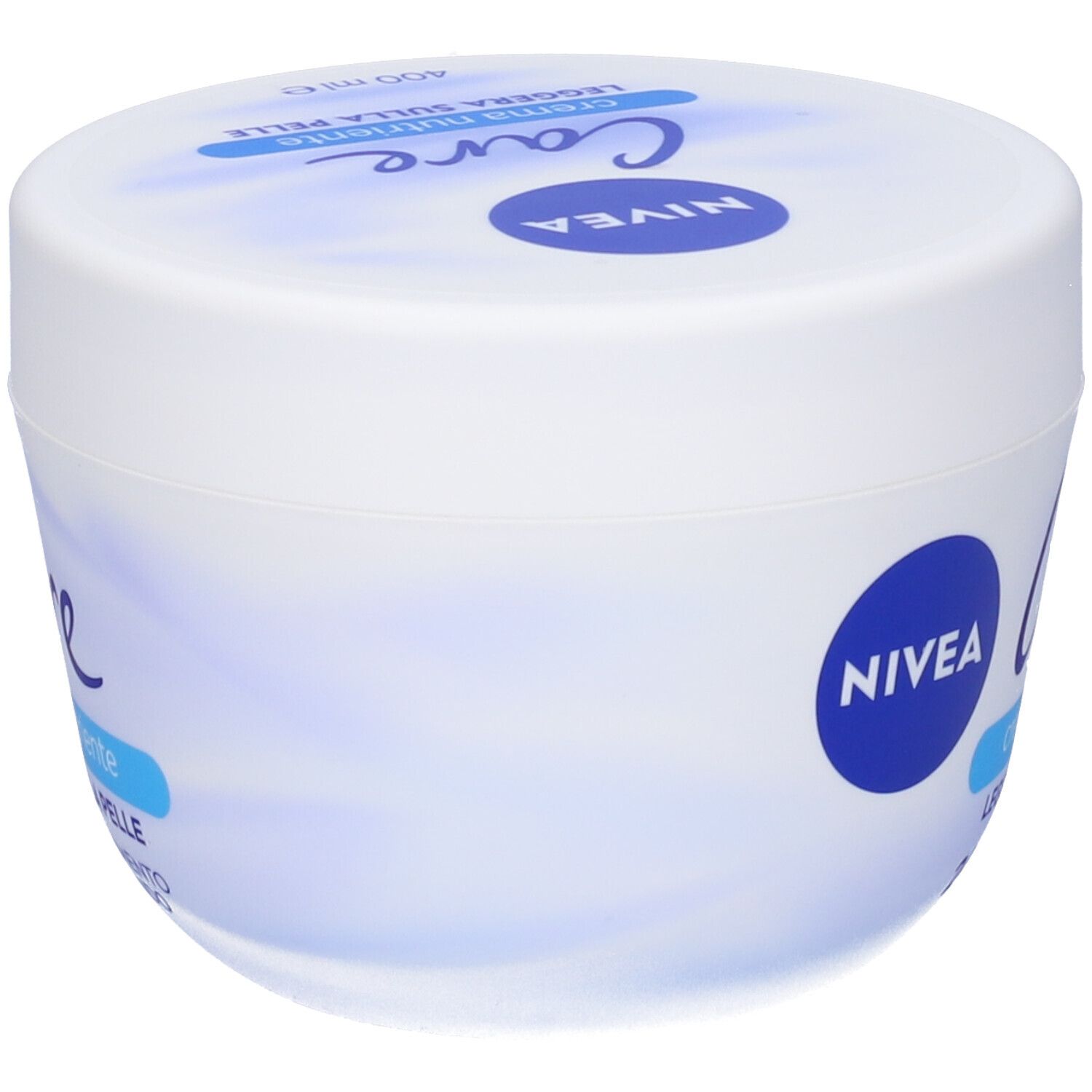 Vaso bianco di crema Nivea Care. Scritta: Care, crema nutriente, leggera sulla pelle, 24h+ nutrimento profondo.