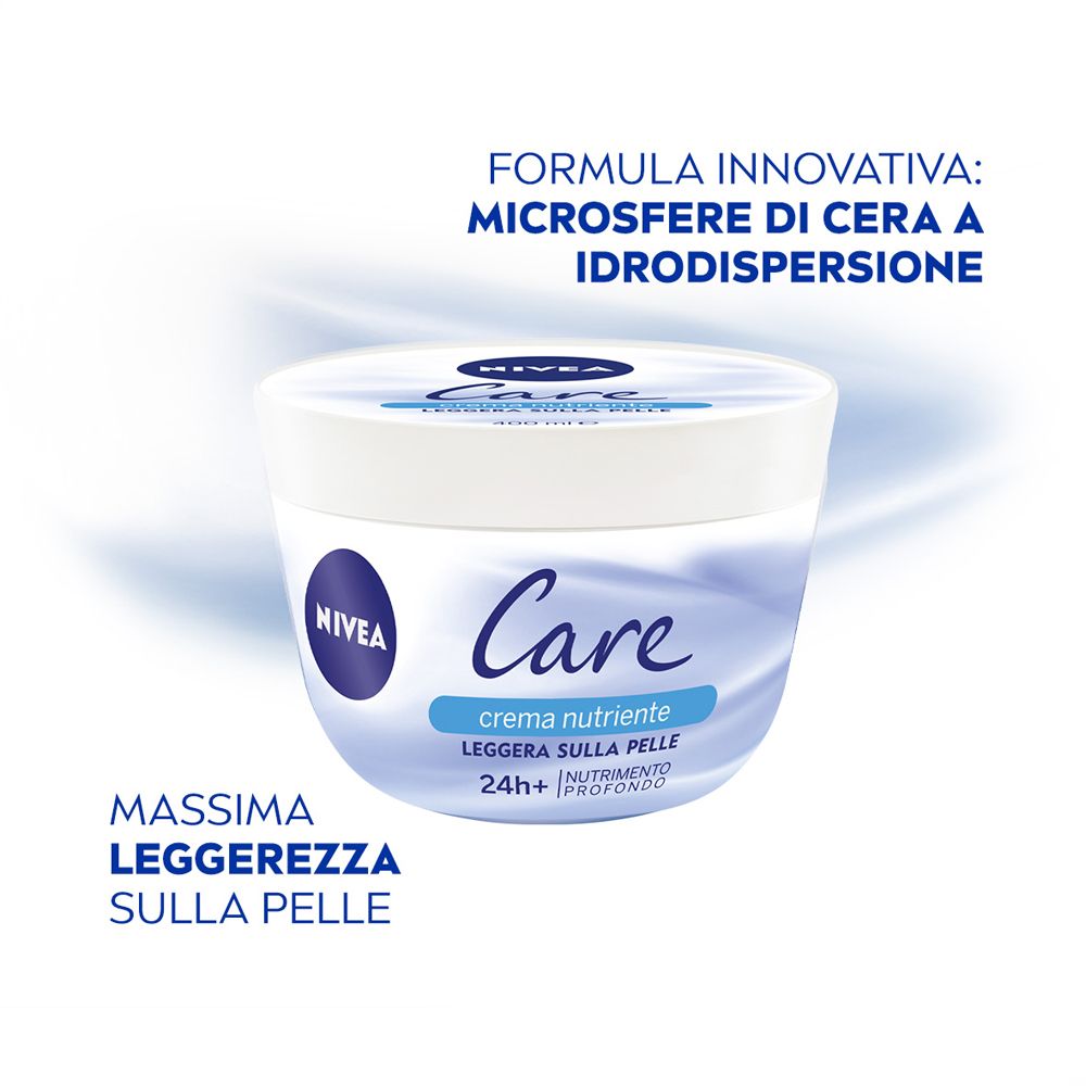 Vaso di crema Nivea Care con testo: Microsfere di cera a idrodispersione. Testo: Massima leggerezza sulla pelle.