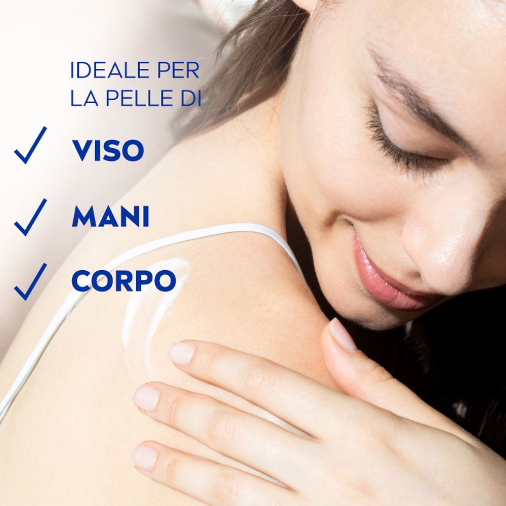 Donna che tocca la spalla. Testo: Ideale per la pelle di: Viso, Mani, Corpo.