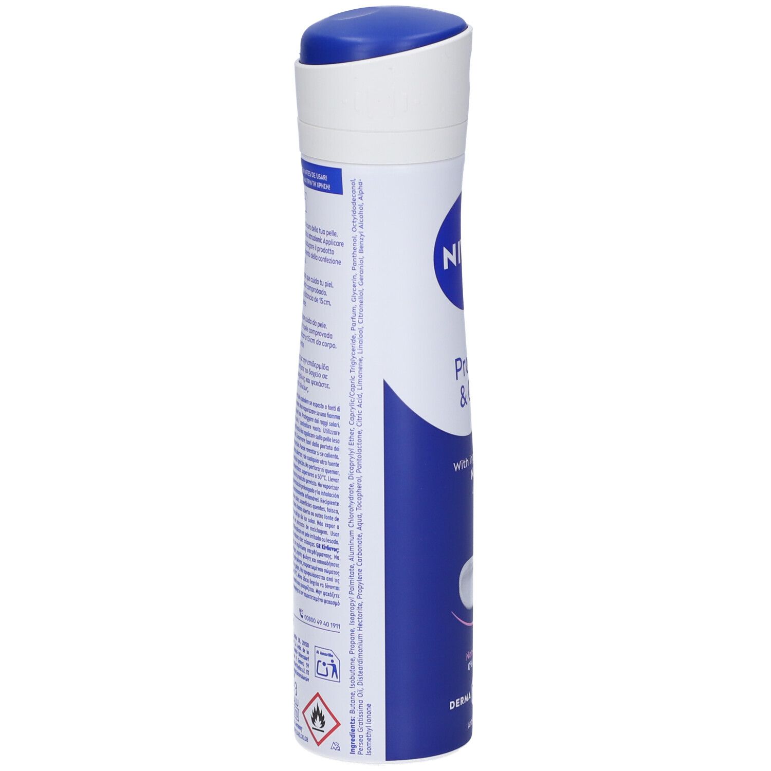 Nivea Deodorant Spray con tappo blu e contenitore bianco con scritte blu.