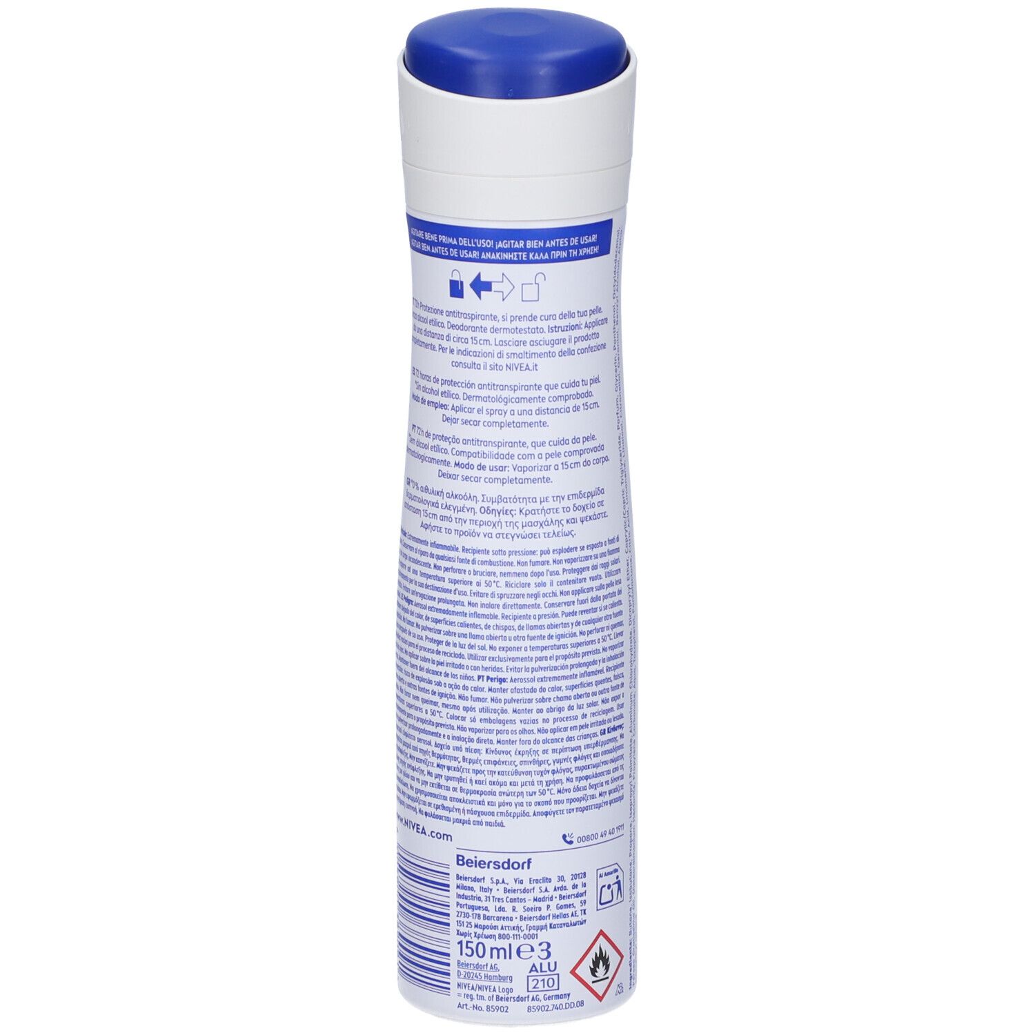 Bomboletta spray bianca con tappo blu, 150ml. Retro con testo e simboli.
