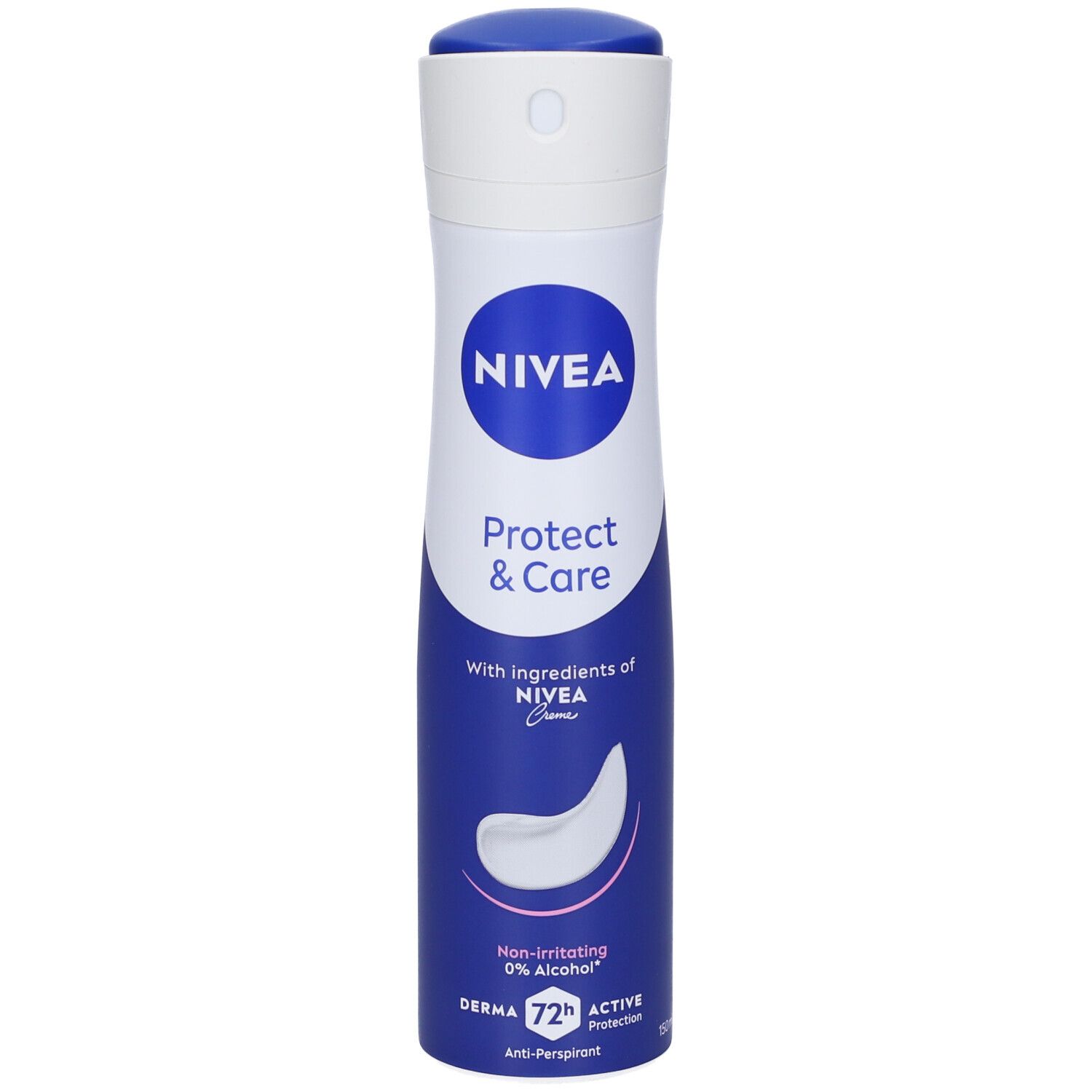 Spray anti-perspirant Nivea Protect & Care. Contenitore bianco con cappuccio blu. Contiene Nivea Creme, non irritante e 0% alcol.