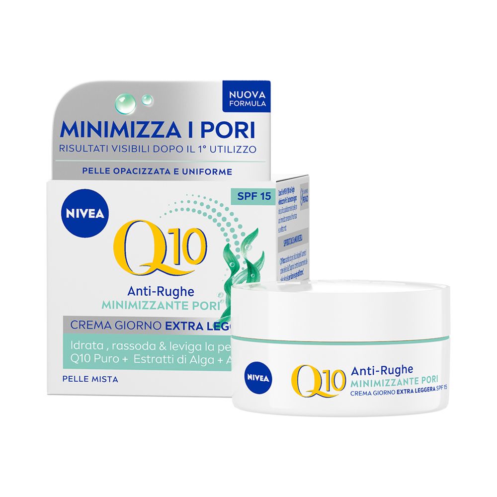Nivea Q10 Anti-Rughe Minimizzante Pori Crema Giorno SPF 15 50 ml, Crema viso antirughe e opacizzante