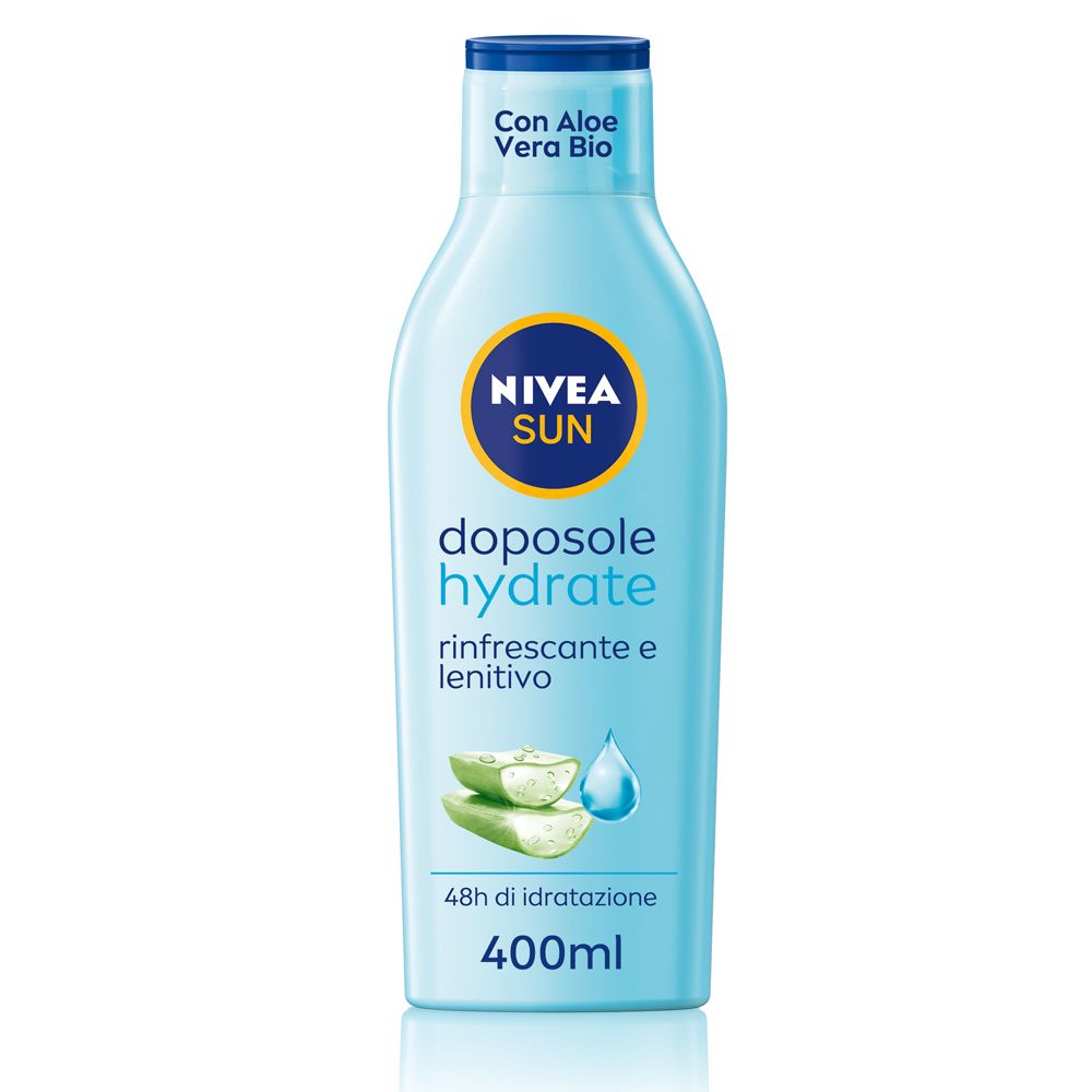 Nivea Sun After Sun Hydrate Lozione, flacone da 400ml con Aloe Vera Bio.