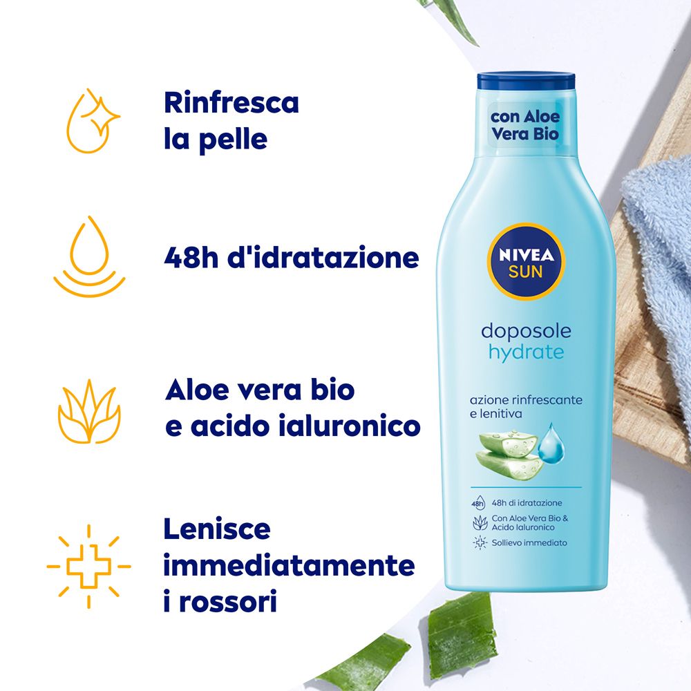 Nivea Sun After Sun Hydrate Lozione, flacone da 400ml, vista laterale con Aloe Vera.