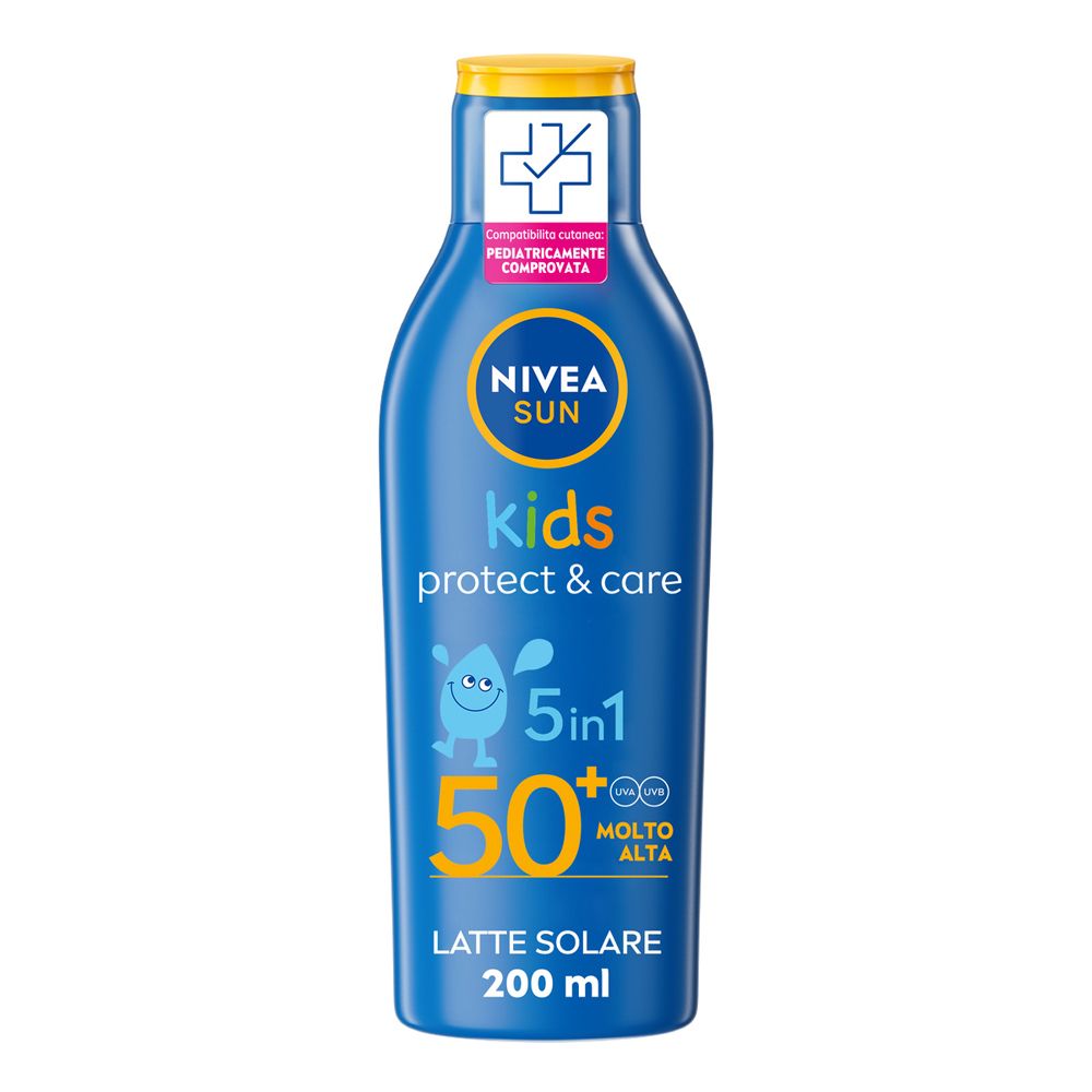 Nivea Sun Latte Solare Protect & Care Fp50+ 200 Ml, Crema Solare Per Bambini Waterproof Ml Bambino