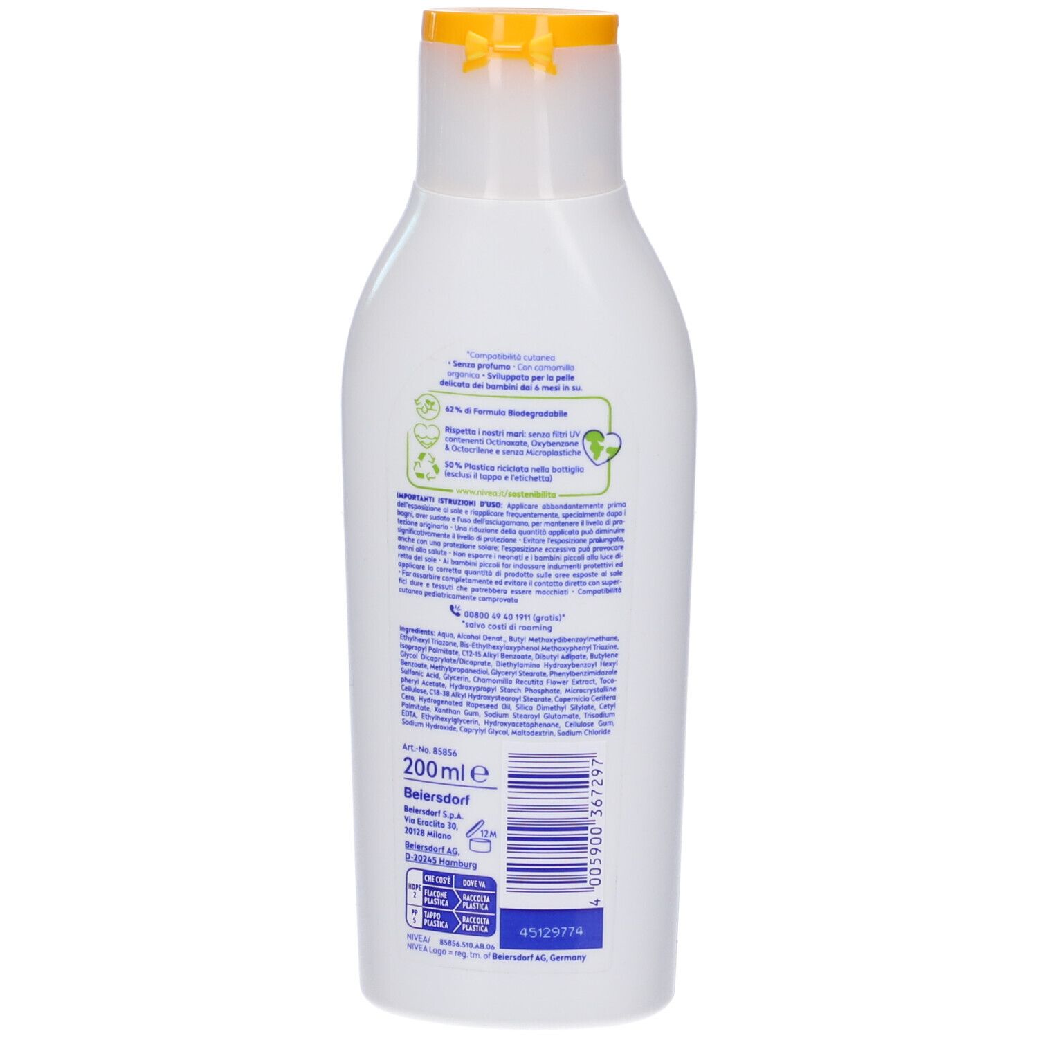 Retro del flacone Nivea Sun Babies & Kids Sensitive Protect. Testo: Ingredienti, 200 ml, informazioni produttore.
