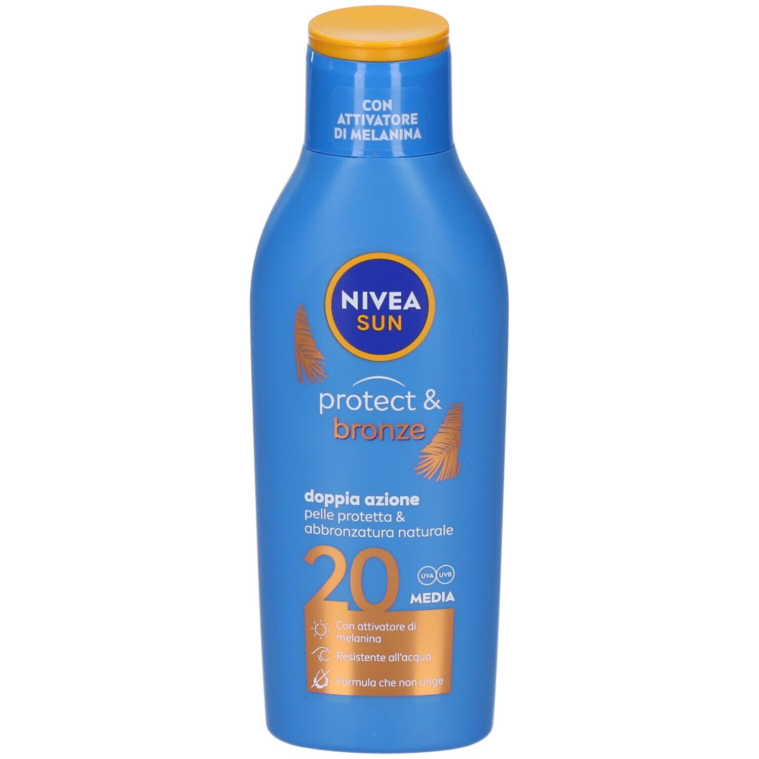 Flacone blu con tappo giallo. Scritta: NIVEA SUN protect & bronze 20 MEDIA. Con attivatore di melanina.