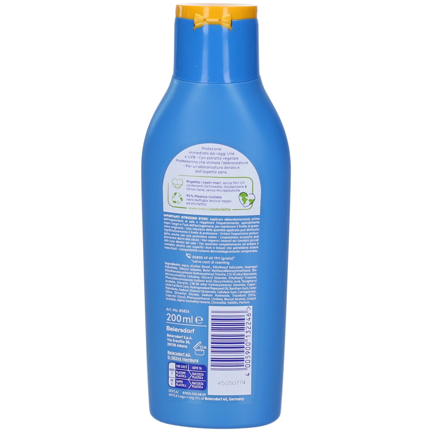Retro di un flacone blu con tappo giallo. Contiene testo e informazioni sugli ingredienti e il produttore.