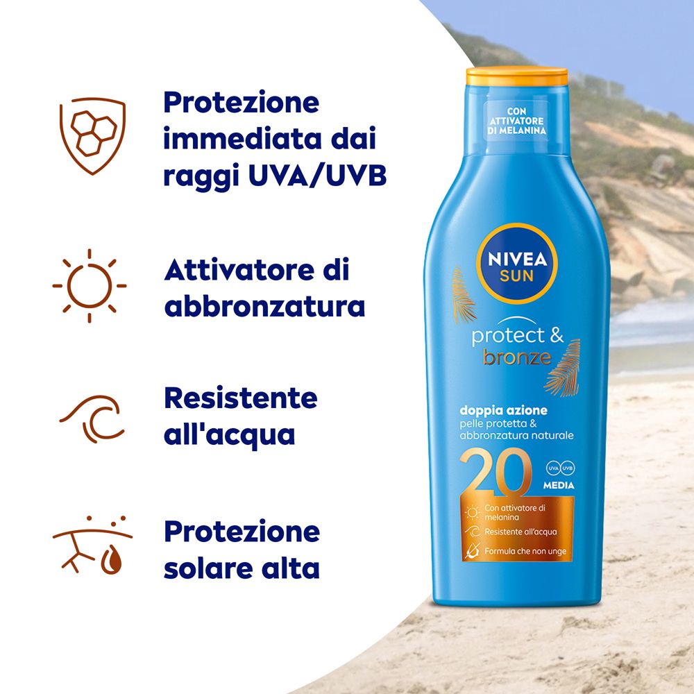 Flacone blu con tappo giallo. Testo e icone mostrano protezione, abbronzatura, resistenza all'acqua e alta protezione solare.