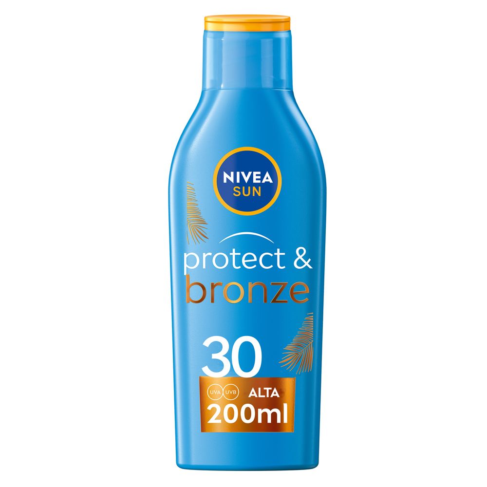Flacone blu Nivea Sun Protect & Bronze 30, 200ml. Tappo giallo, informazioni prodotto.