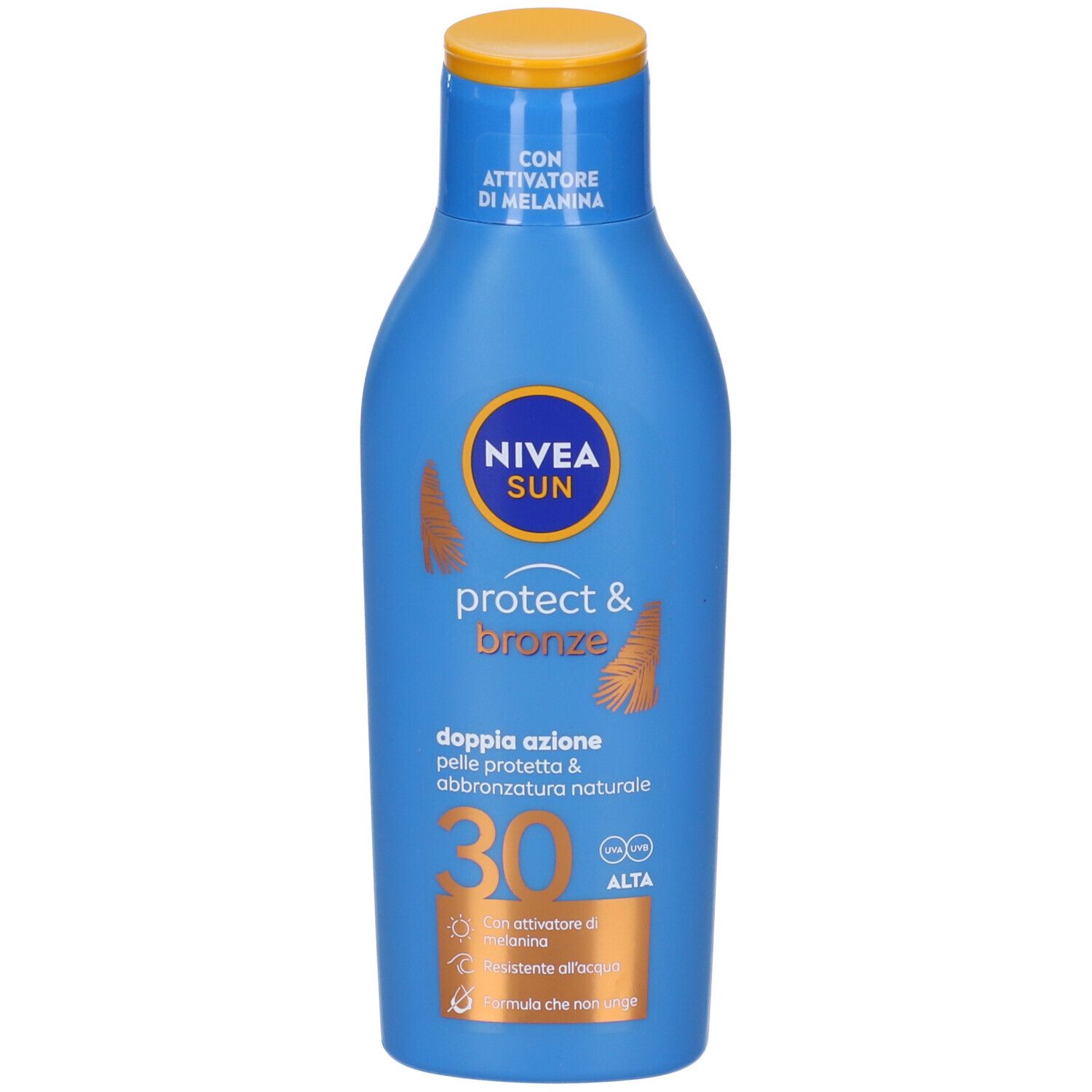 Flacone blu Nivea Sun Protect & Bronze 30. Tappo giallo, informazioni prodotto.