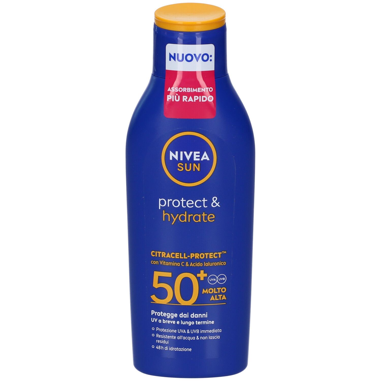 Flacone blu Nivea Sun Protect & Hydrate SPF50+. Tappo giallo, etichetta rosa con testo. Informazioni prodotto in italiano.