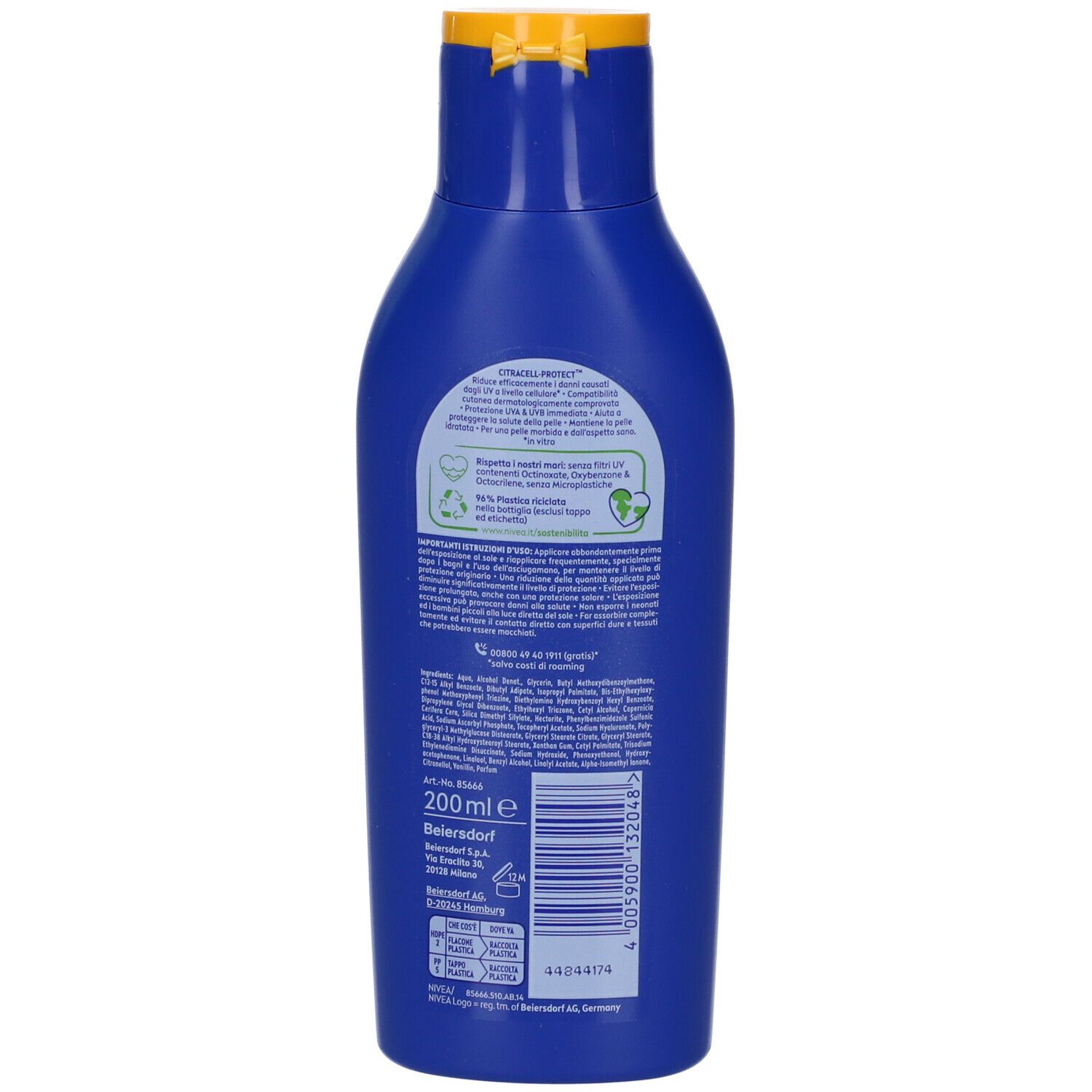 Retro del flacone blu Nivea Sun Protect & Hydrate SPF50+. Testo e informazioni in italiano. 200 ml.