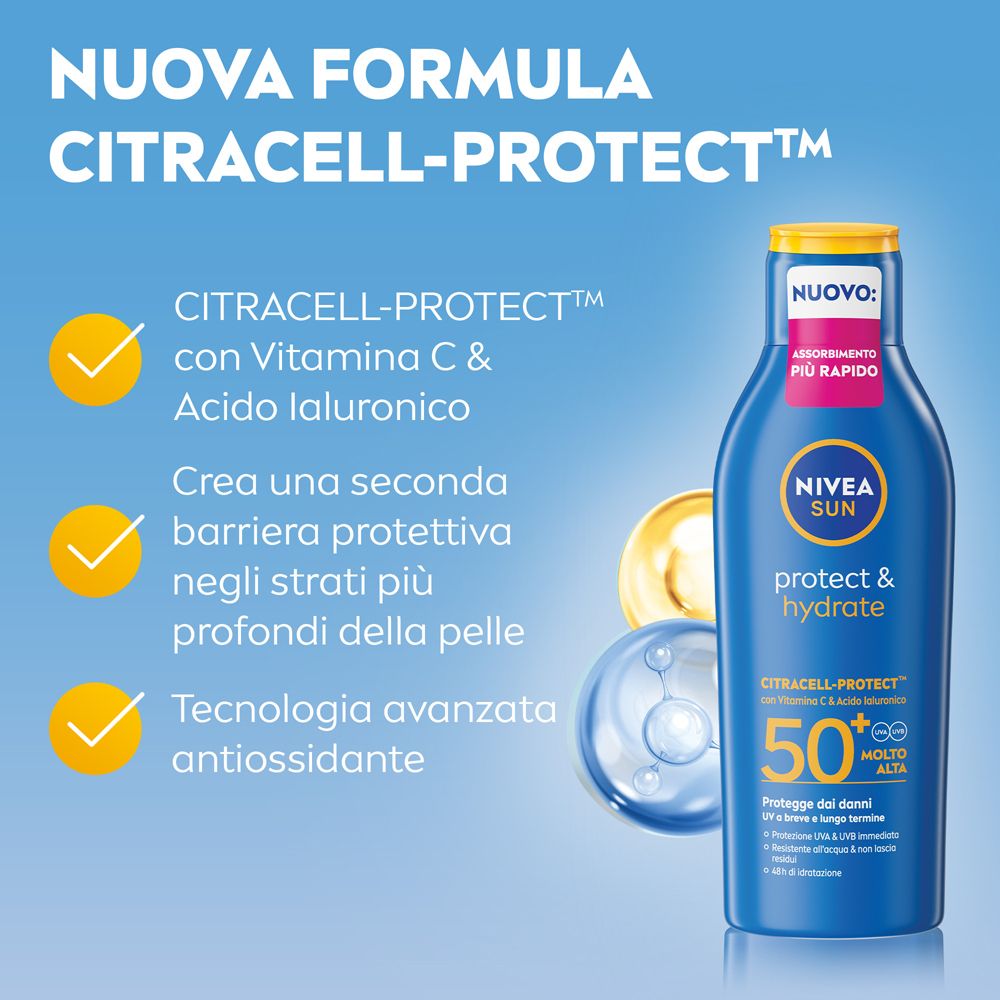 Flacone blu Nivea Sun Protect & Hydrate SPF50+ con testo. Spunte gialle e illustrazioni. Nuova formula Citracell-Protect.