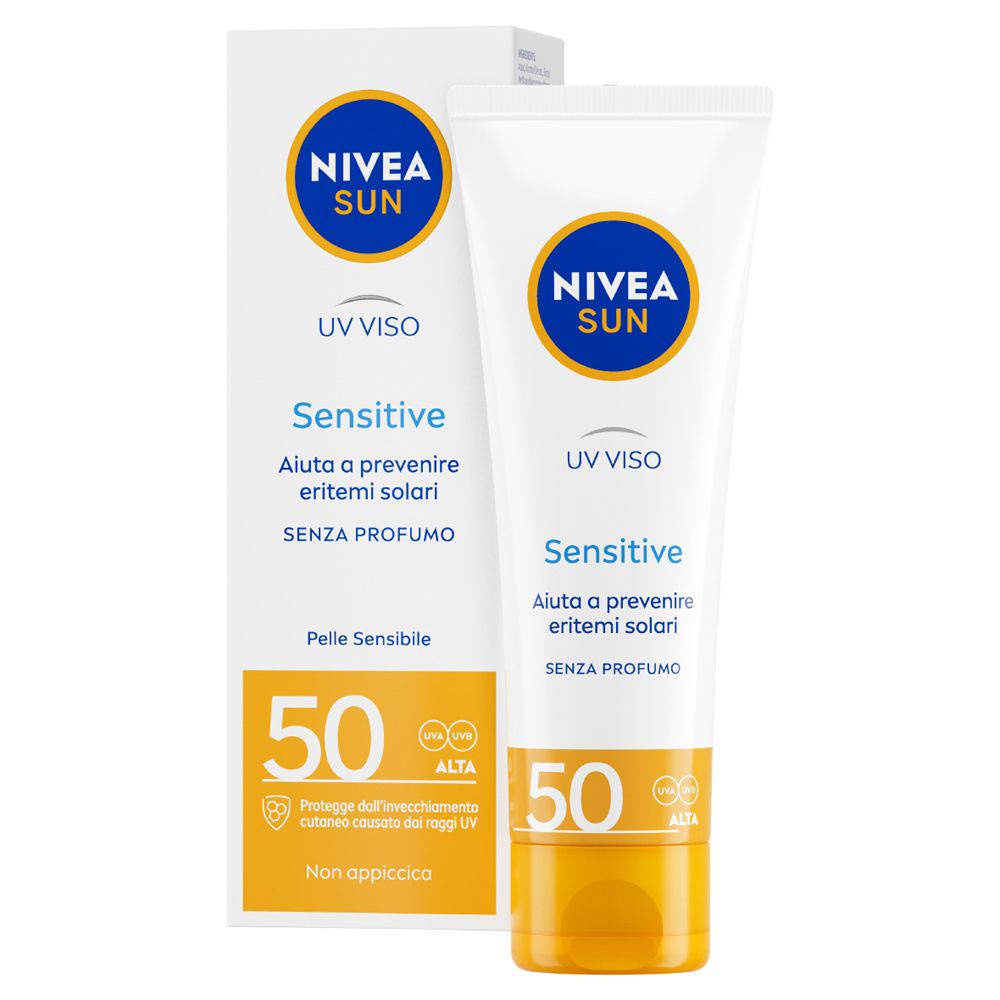 Nivea Sun UV Viso Sensitive FP50 50 ml, Crema solare viso delicata per pelli sensibili
