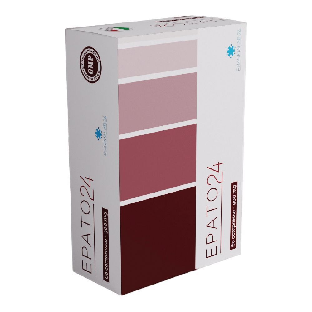 Scatola bianca con sfumatura di colore. Scritta EPATO24, 60 compresse - 900 mg. Certificazione GMP.
