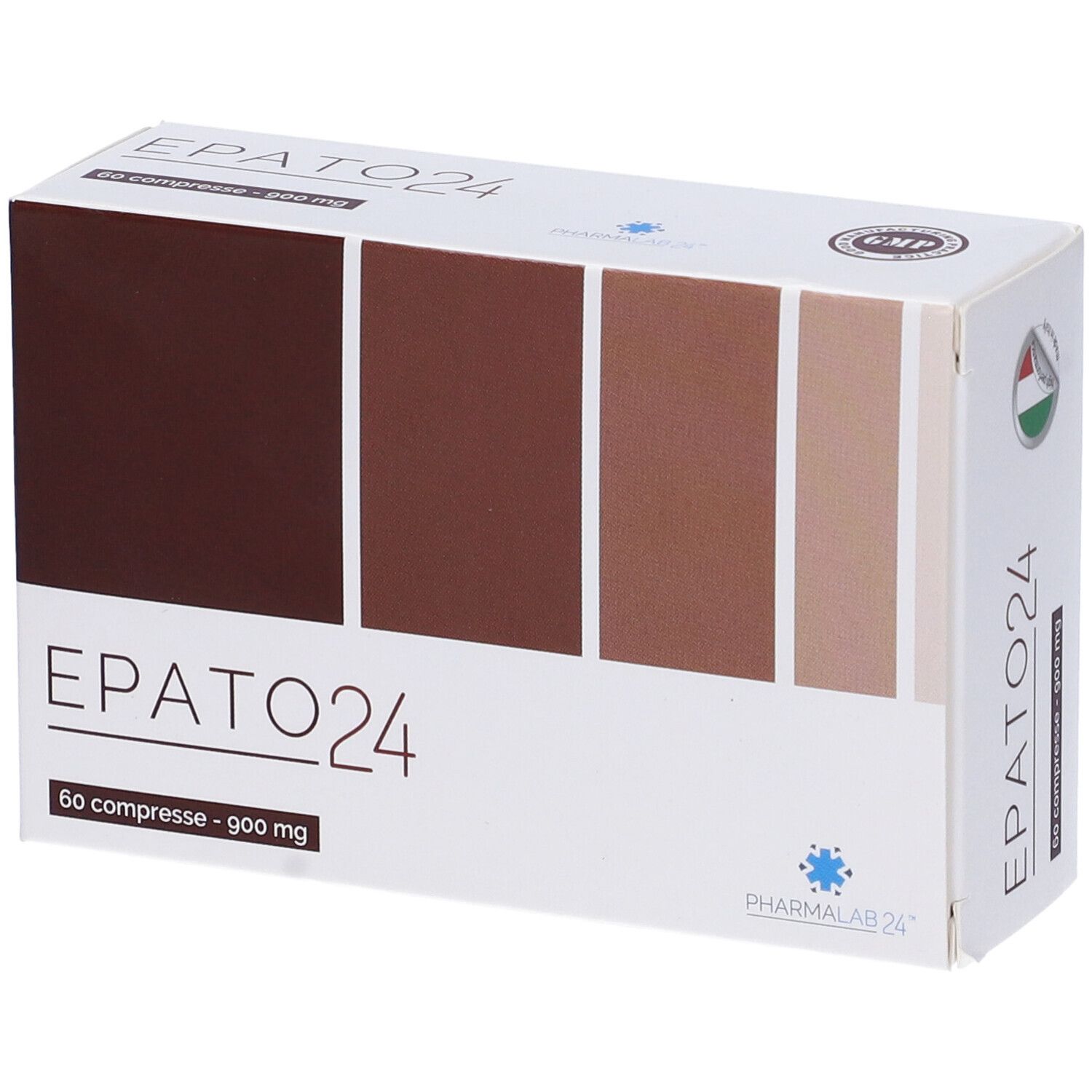 Scatola rettangolare con sfumatura di colore. Scritta EPATO24, 60 compresse - 900 mg. Logo Pharmalab 24.