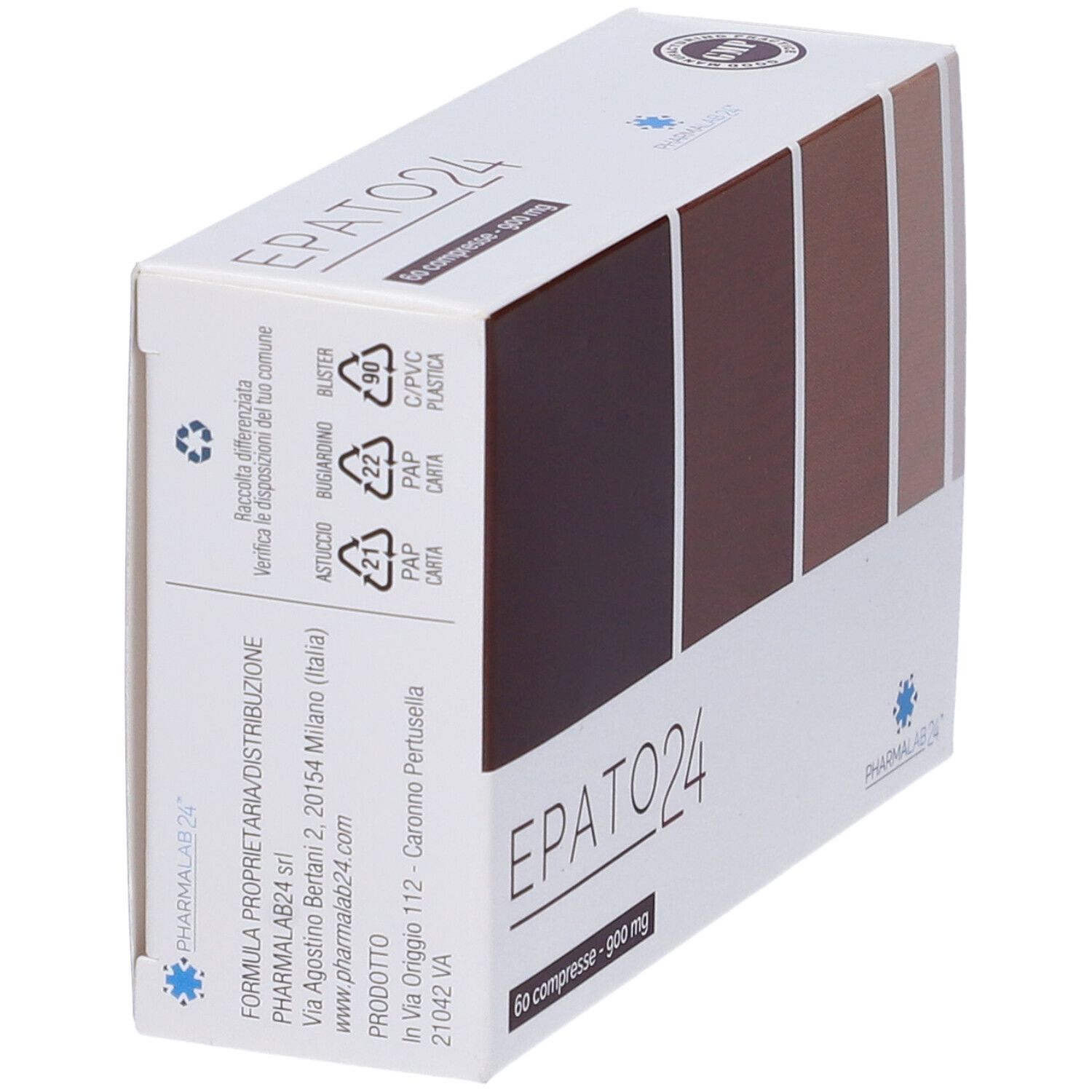 Scatola con sfumatura di colore e testo. Scritta EPATO24, 60 compresse - 900 mg. Simboli di riciclaggio. Logo Pharmalab 24.